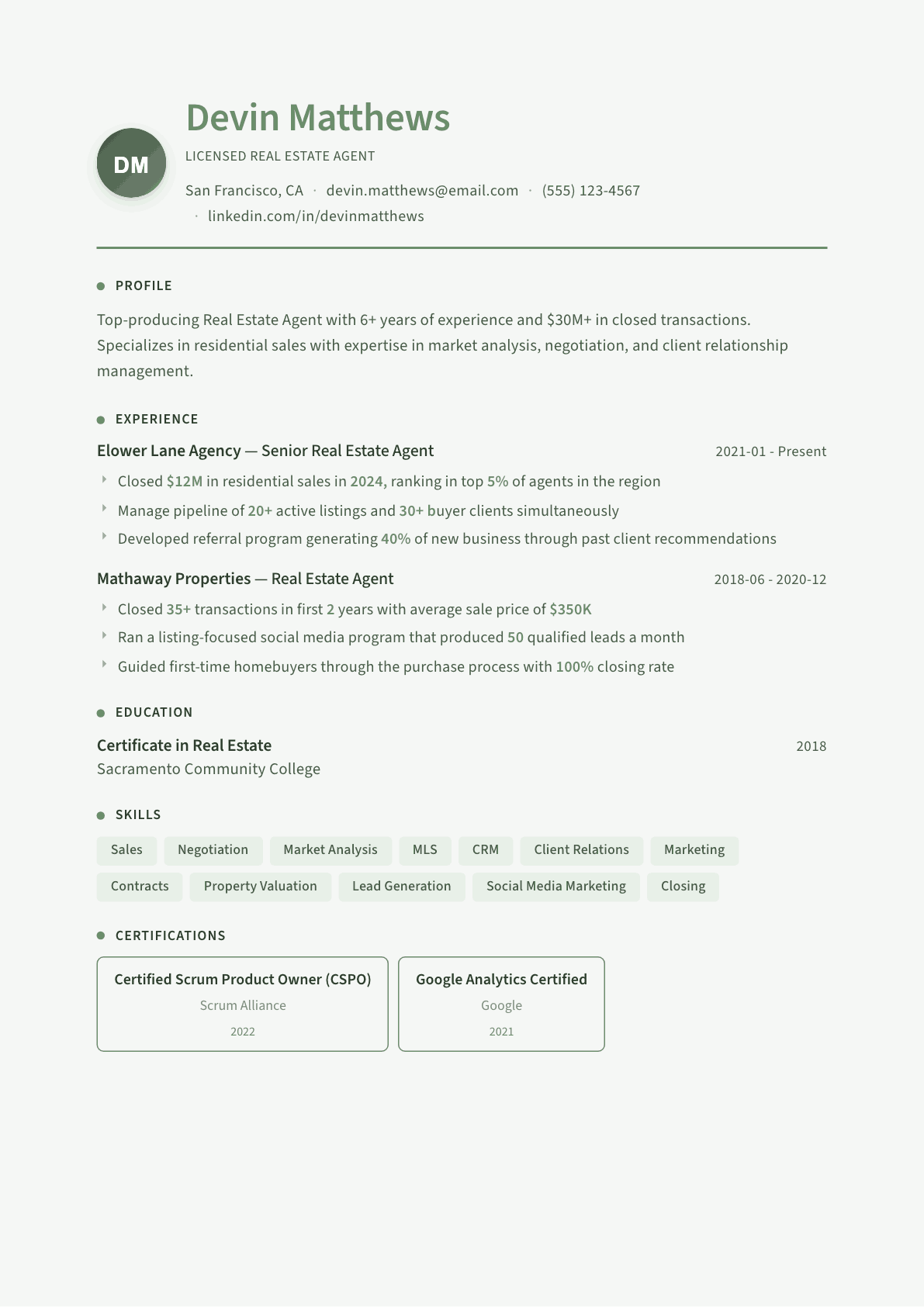 Real Estate Agent resume example, Sage Garden template