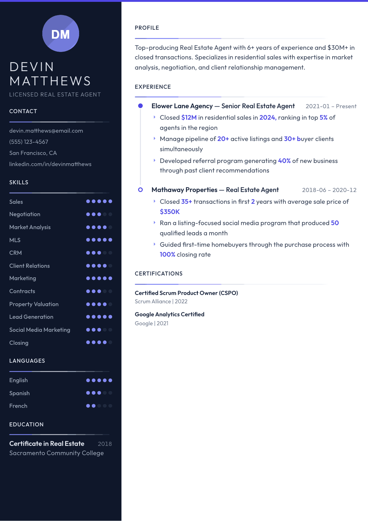 Real Estate Agent resume example, Zenith template