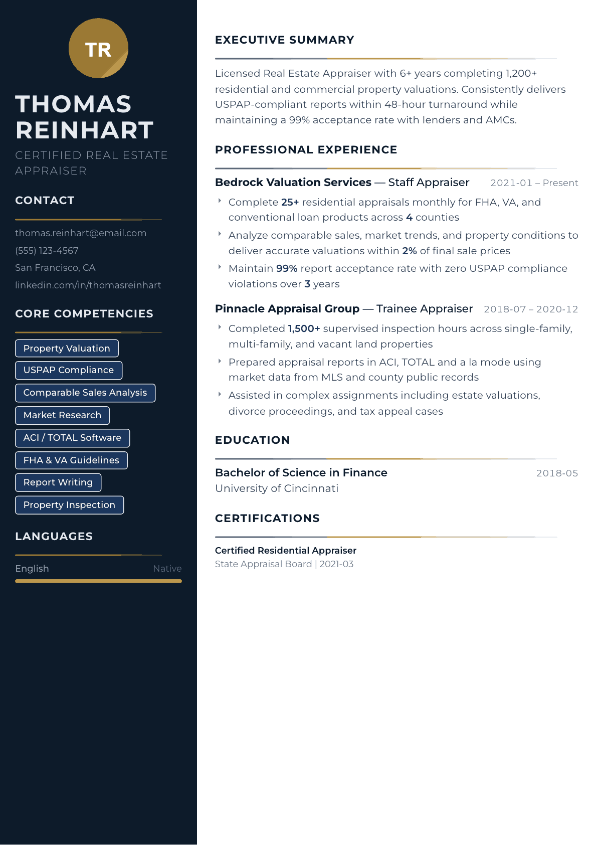 Real Estate Appraiser resume example, Catalyst template