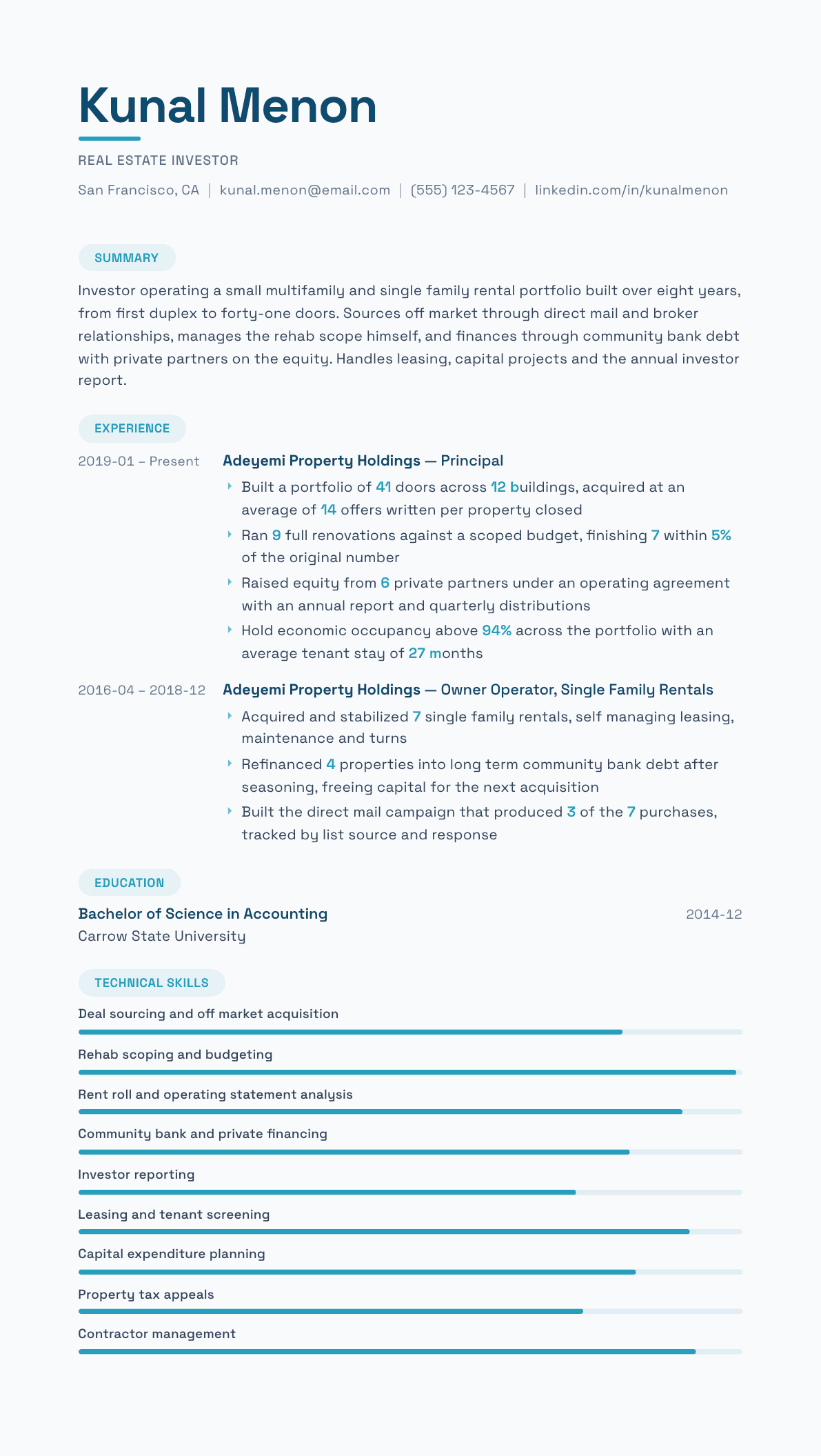 Real Estate Investor resume example, Horizon template
