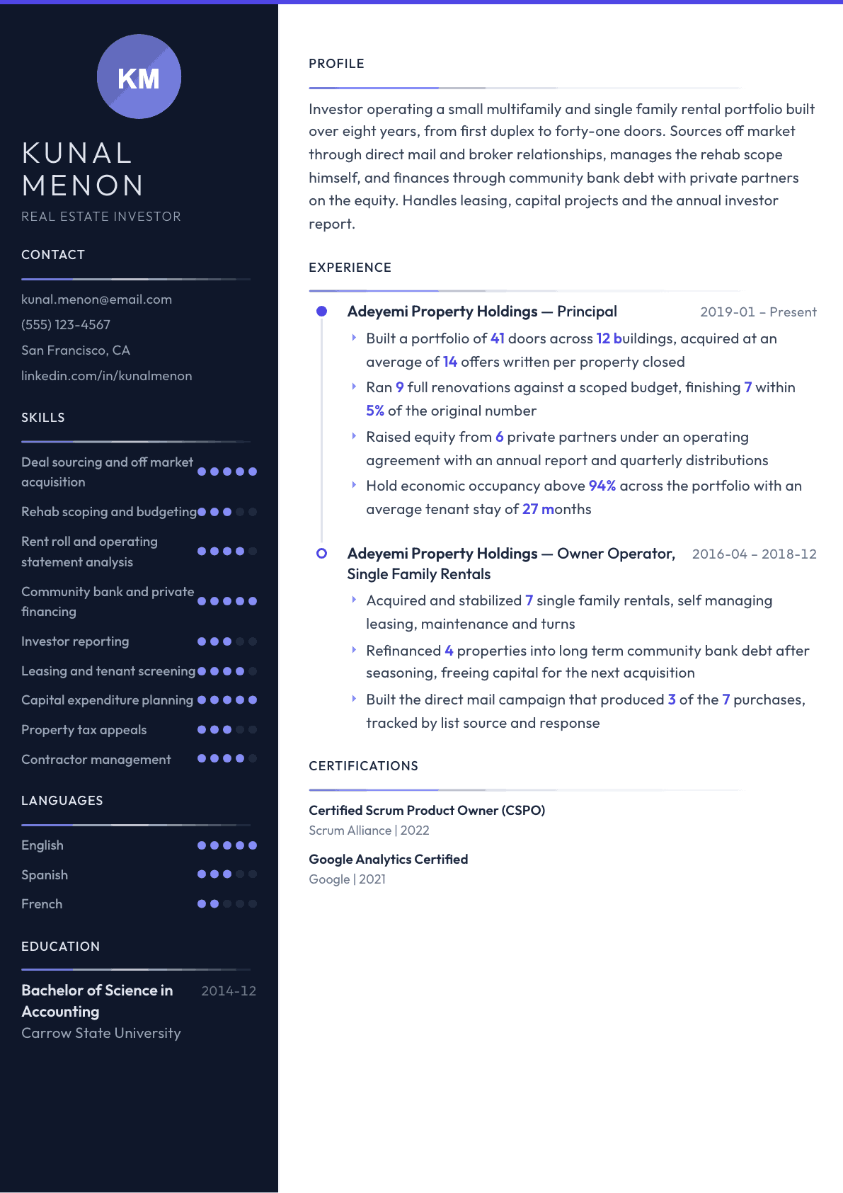 Real Estate Investor resume example, Zenith template