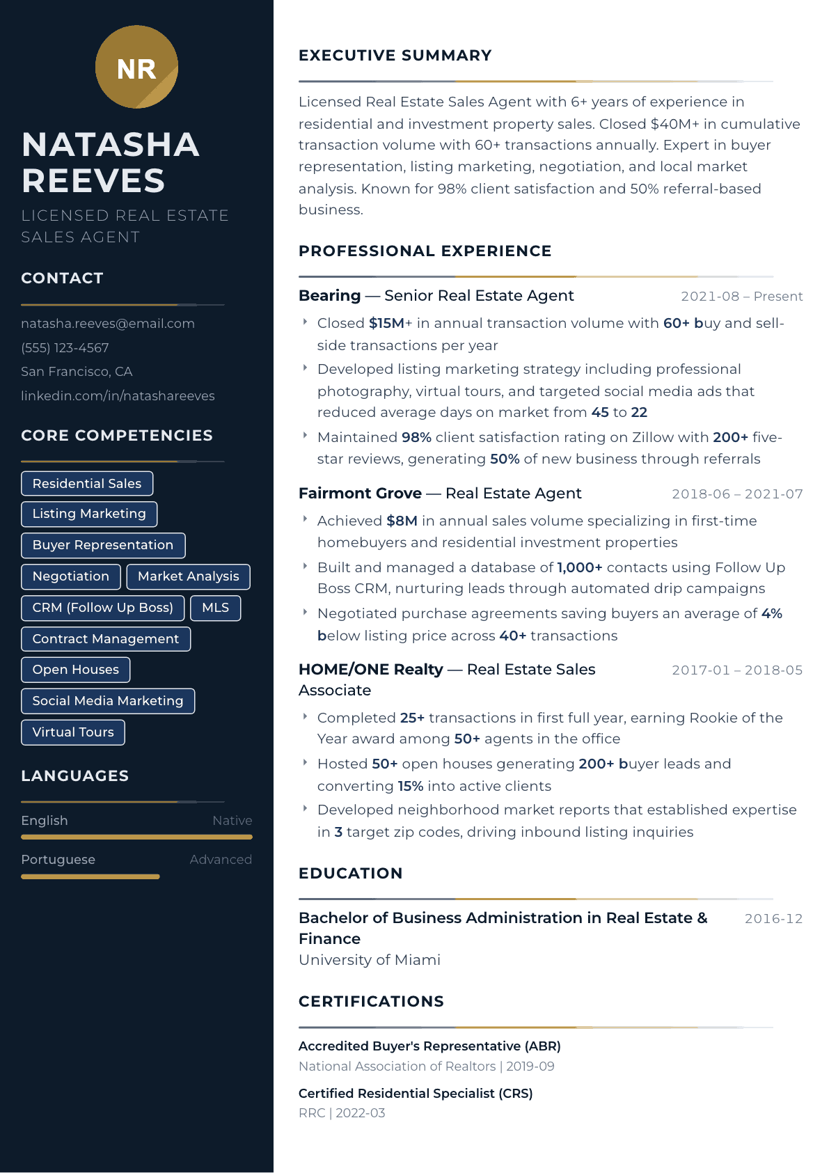 Real Estate Sales Agent resume example, Catalyst template