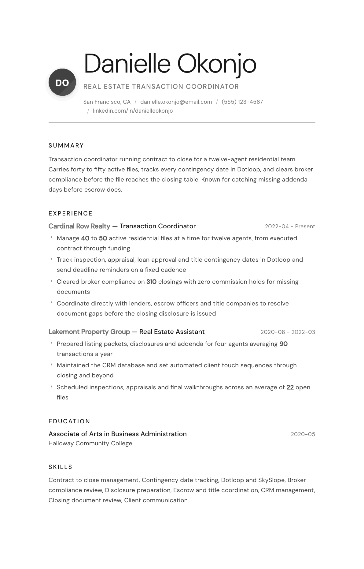 Real Estate Transaction Coordinator resume example, Whisper template