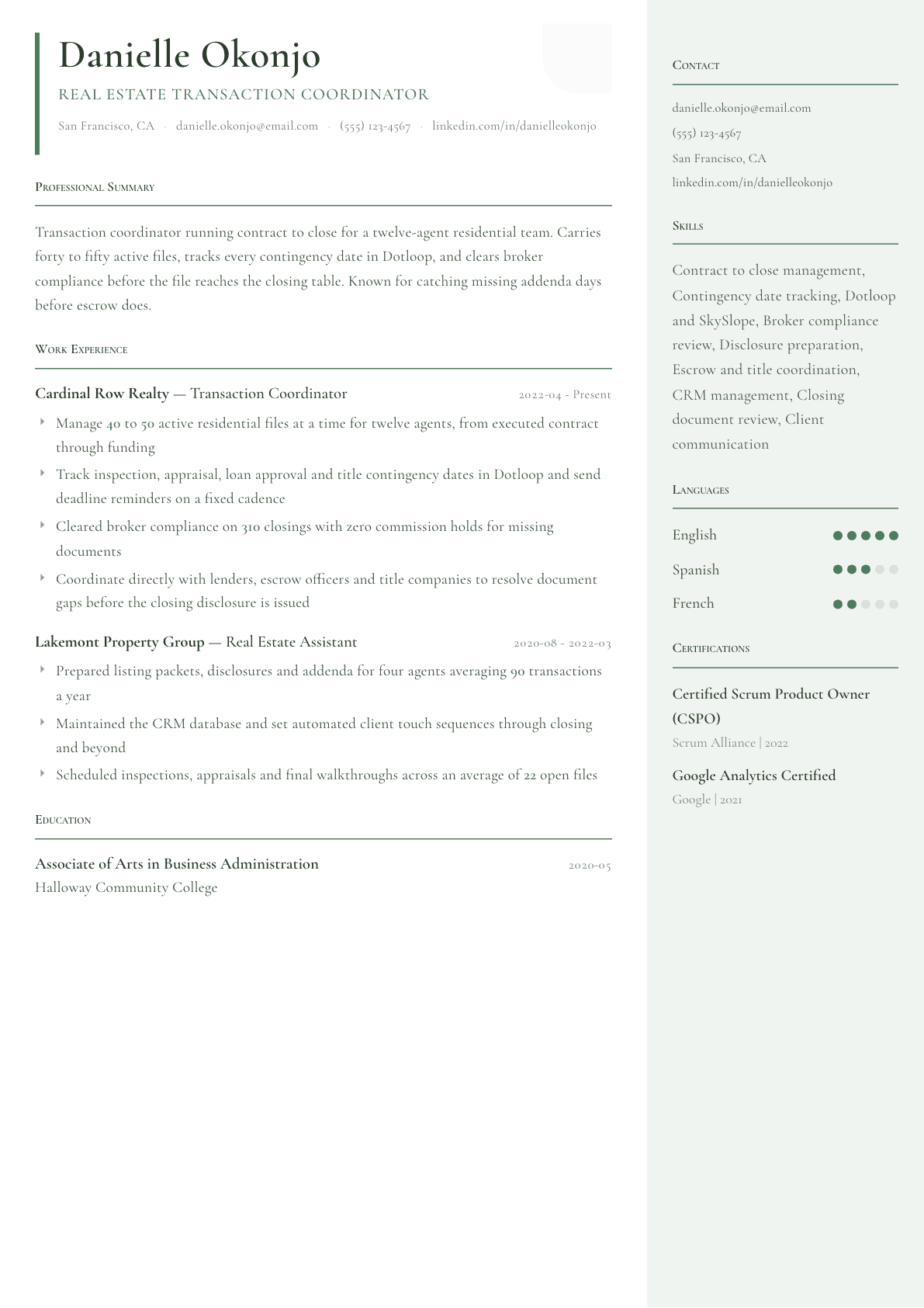 Real Estate Transaction Coordinator resume example, Copenhagen template