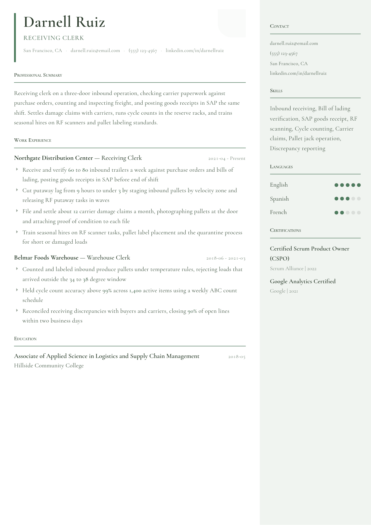 Receiving Clerk resume example, Copenhagen template