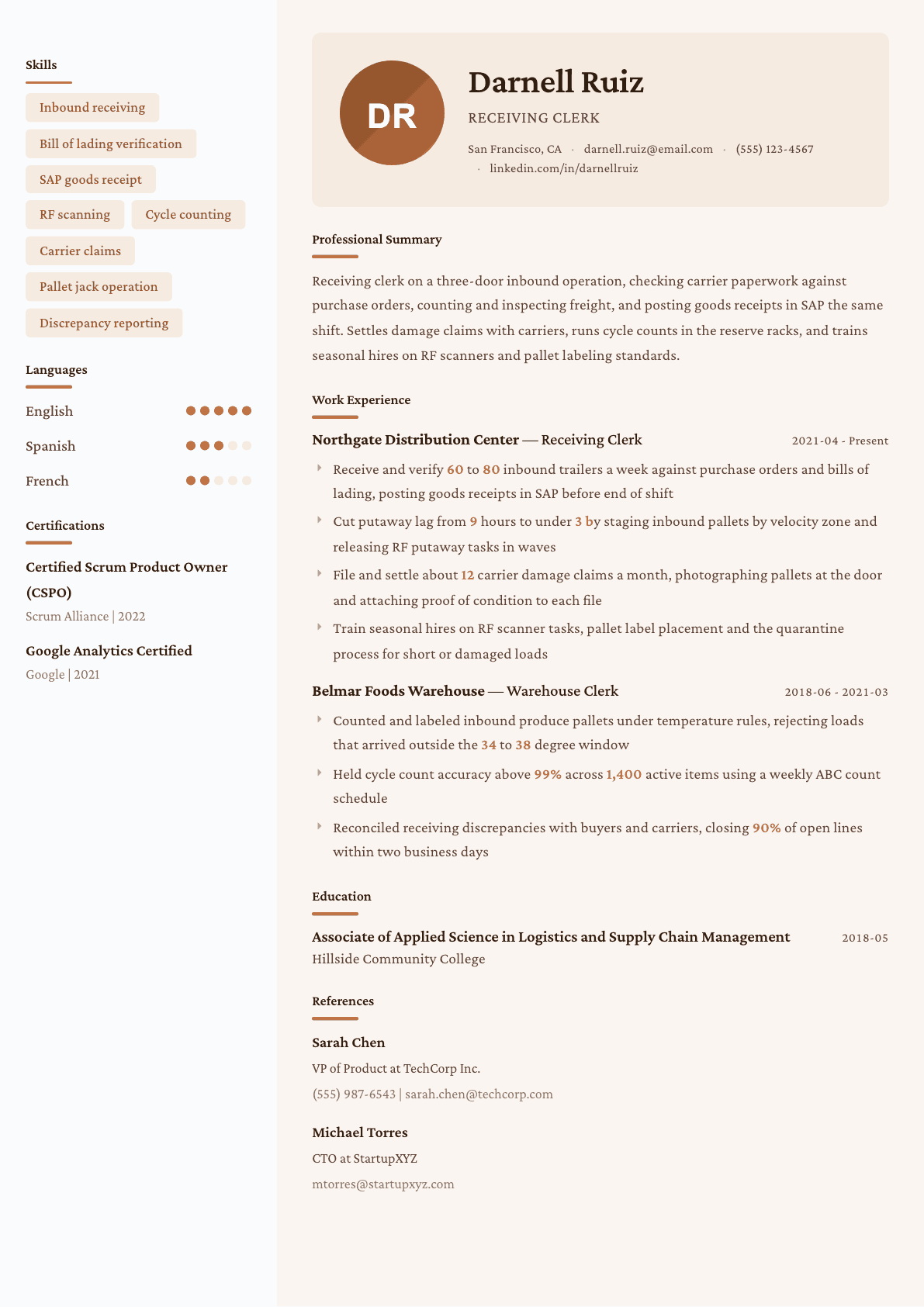 Receiving Clerk resume example, Lisbon template