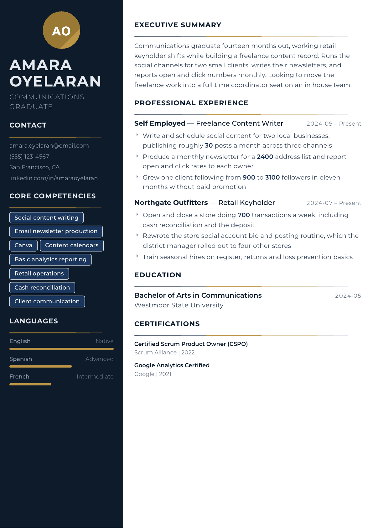 Recent Graduate resume example, Catalyst template
