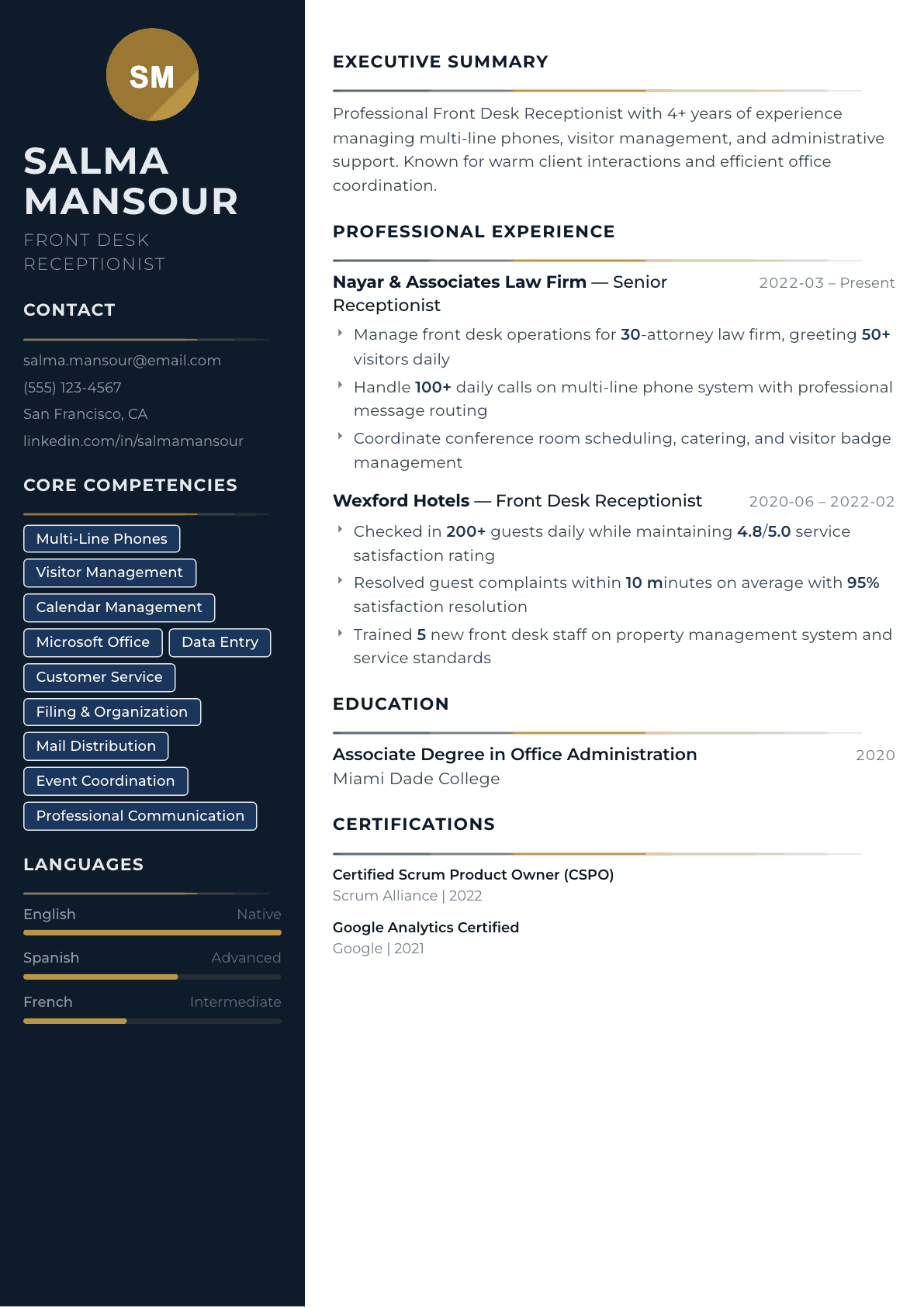Receptionist resume example, Catalyst template