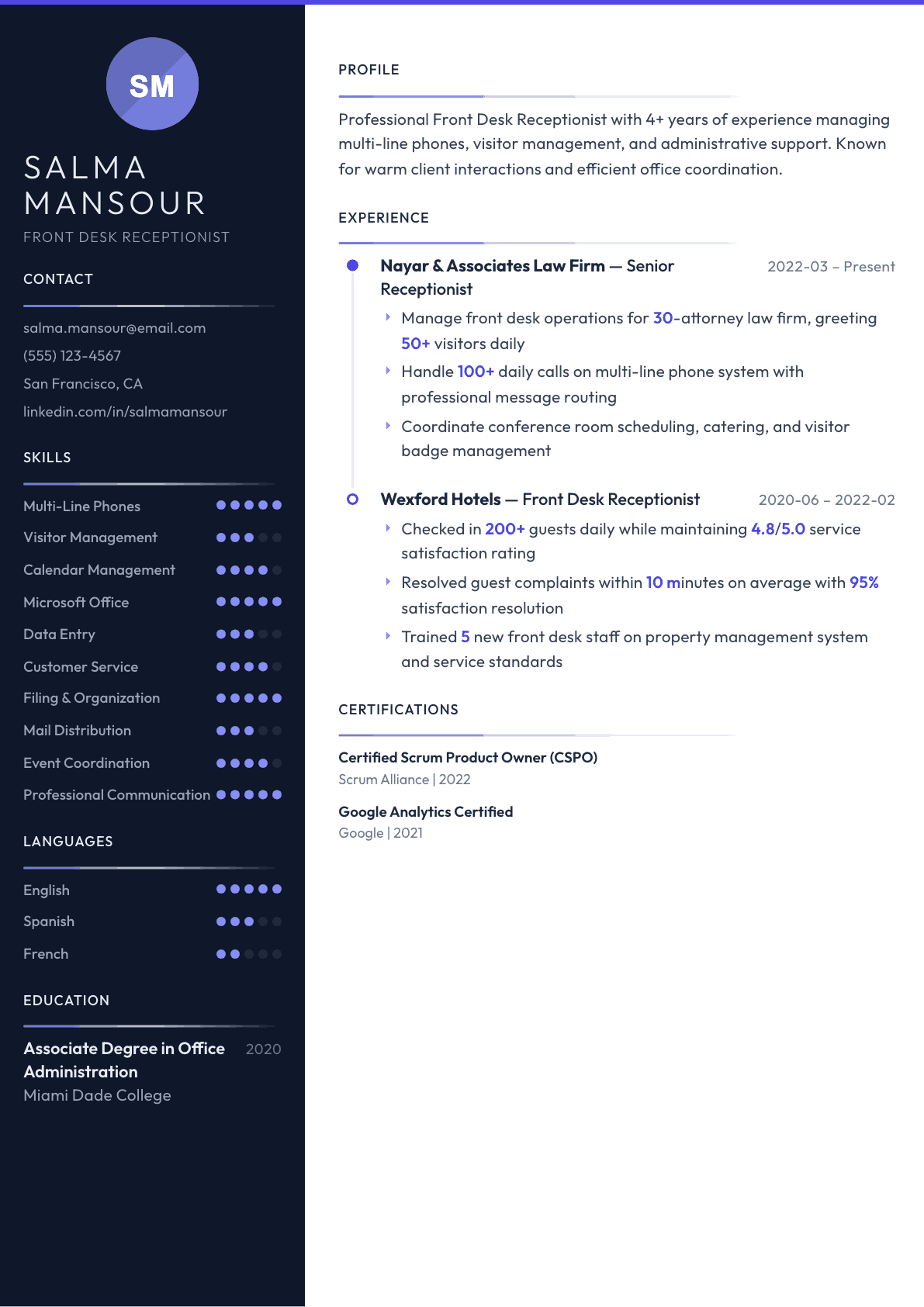 Receptionist resume example, Zenith template