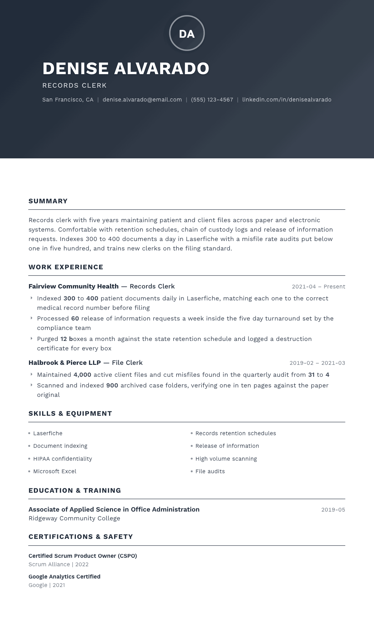 Records Clerk resume example, Foundation template