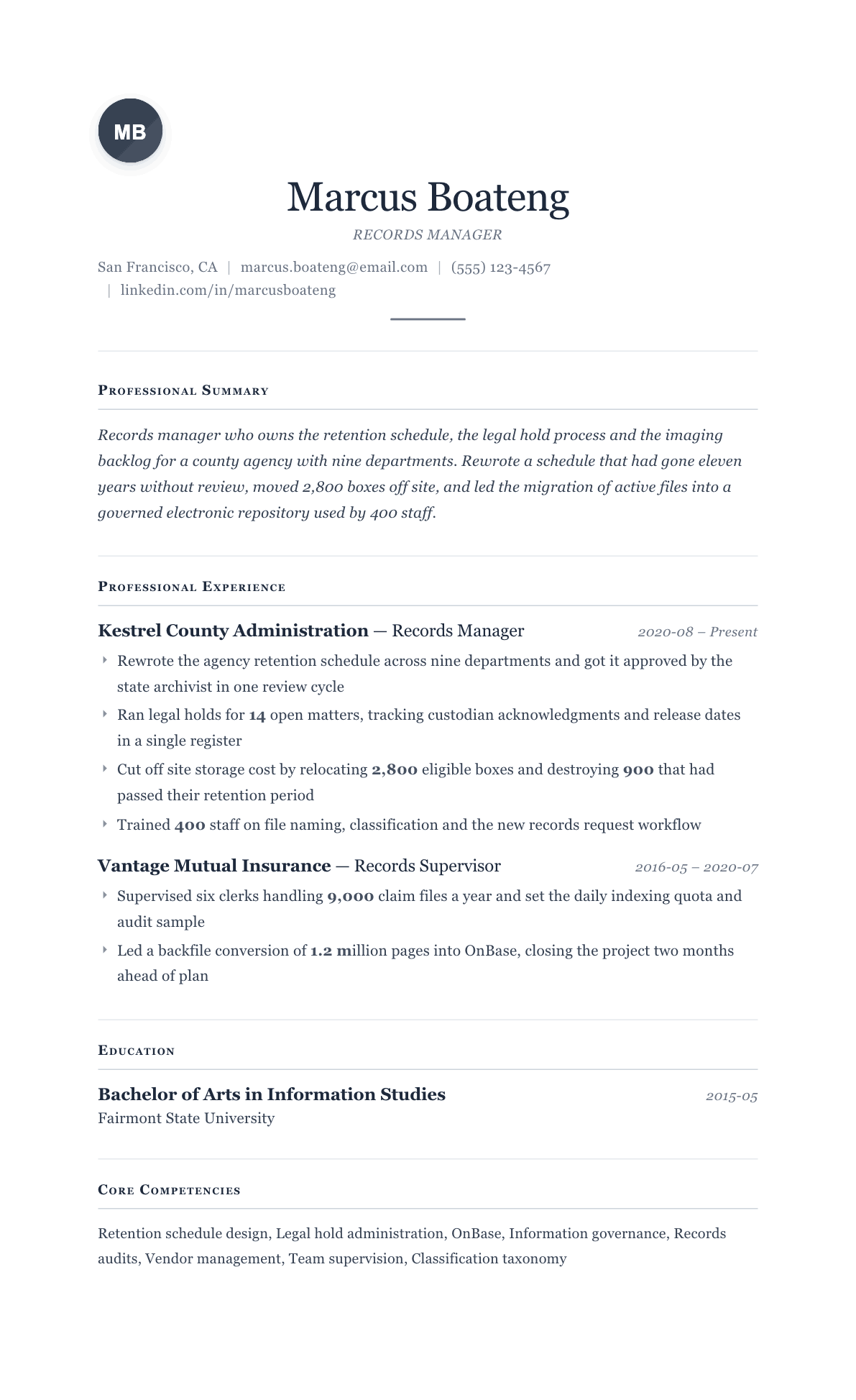 Records Manager resume example, Cornerstone template