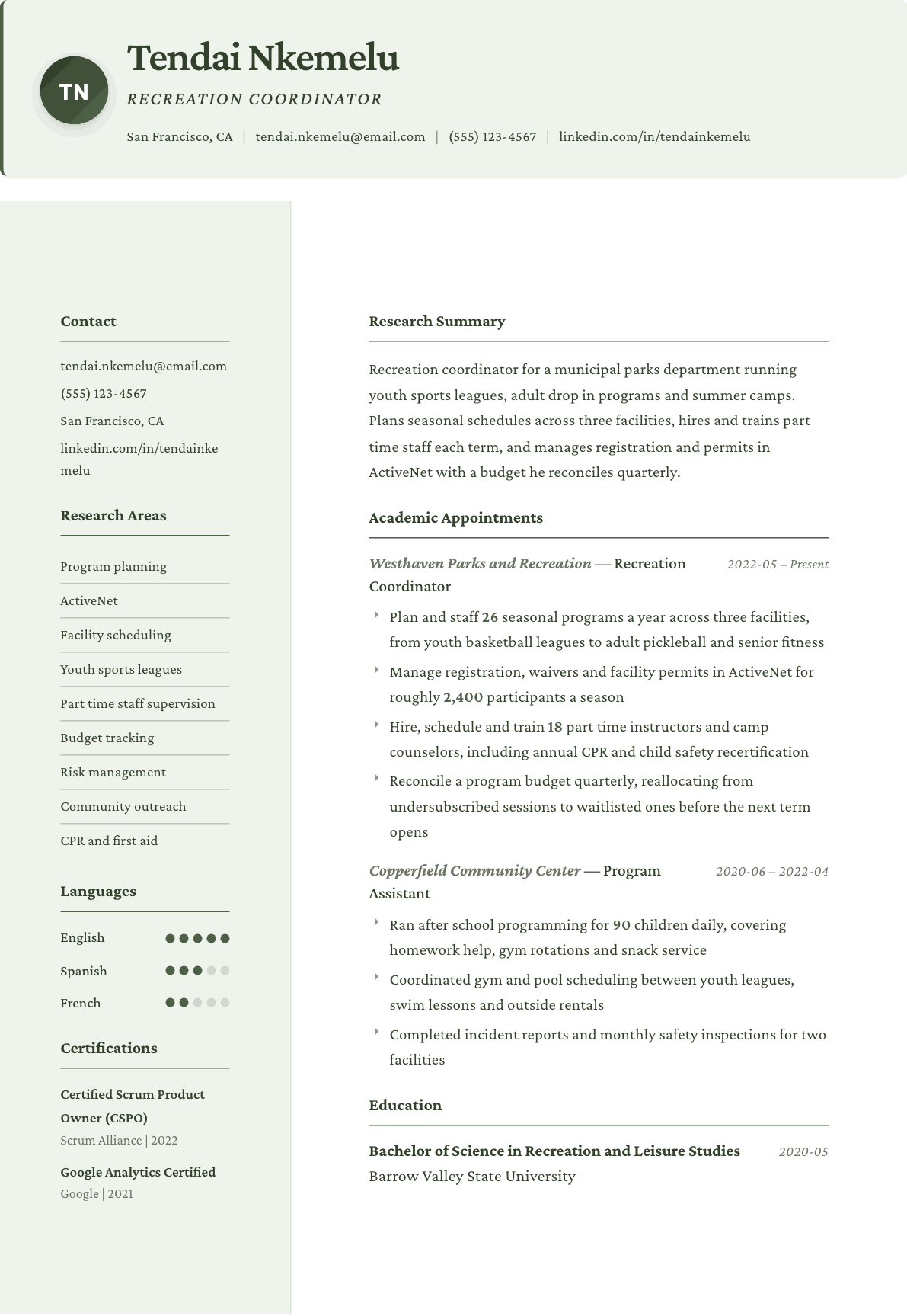 Recreation Coordinator resume example, Research template
