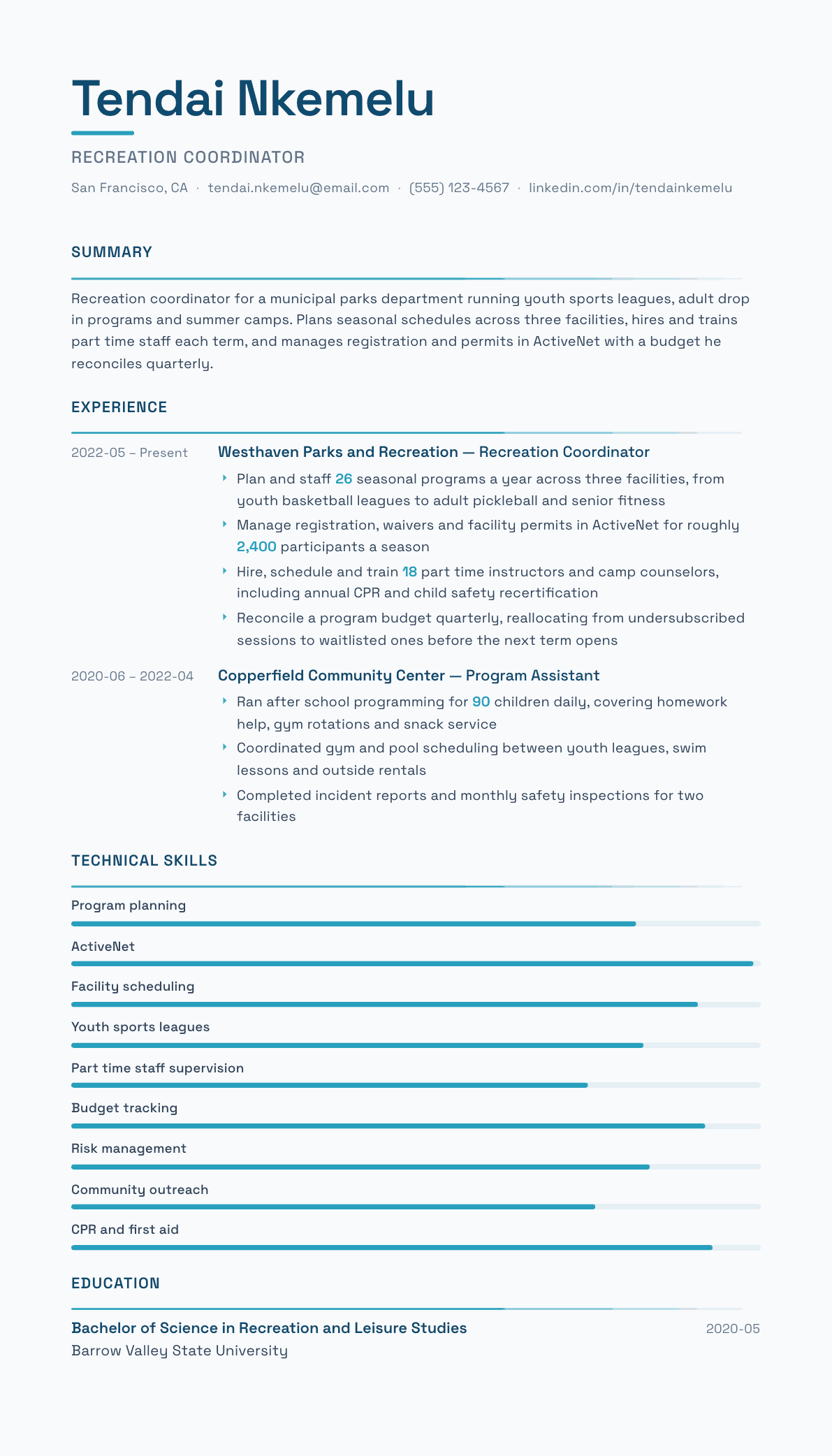Recreation Coordinator resume example, Velocity template