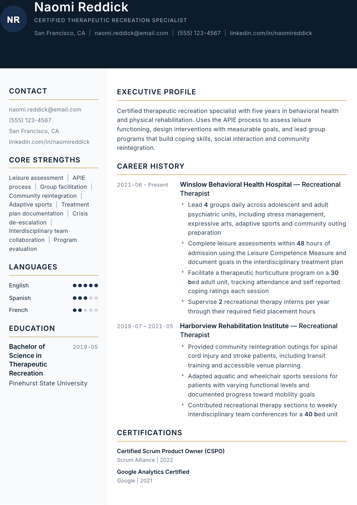 Recreational Therapist resume example, Consulate template