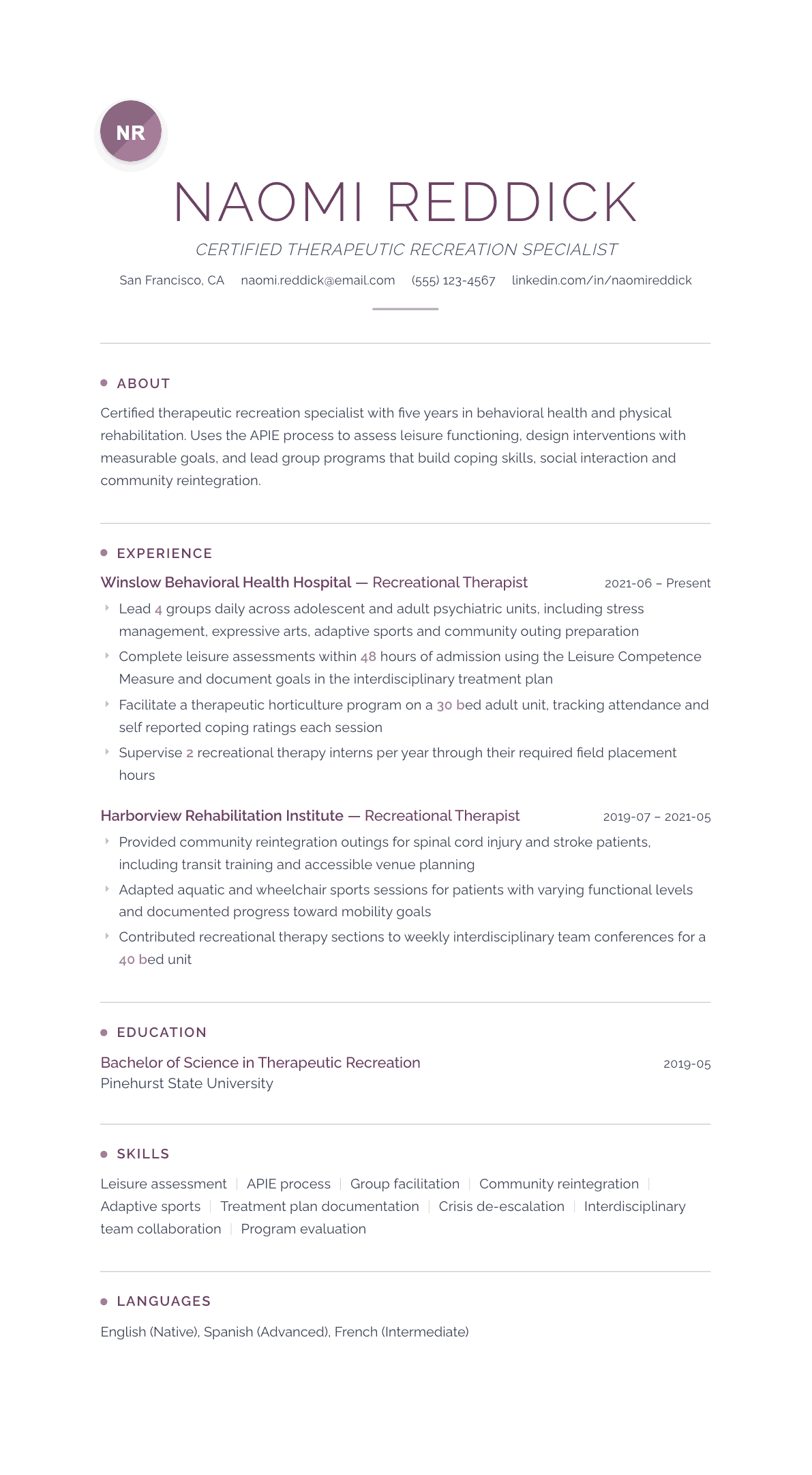 Recreational Therapist resume example, Serenity template