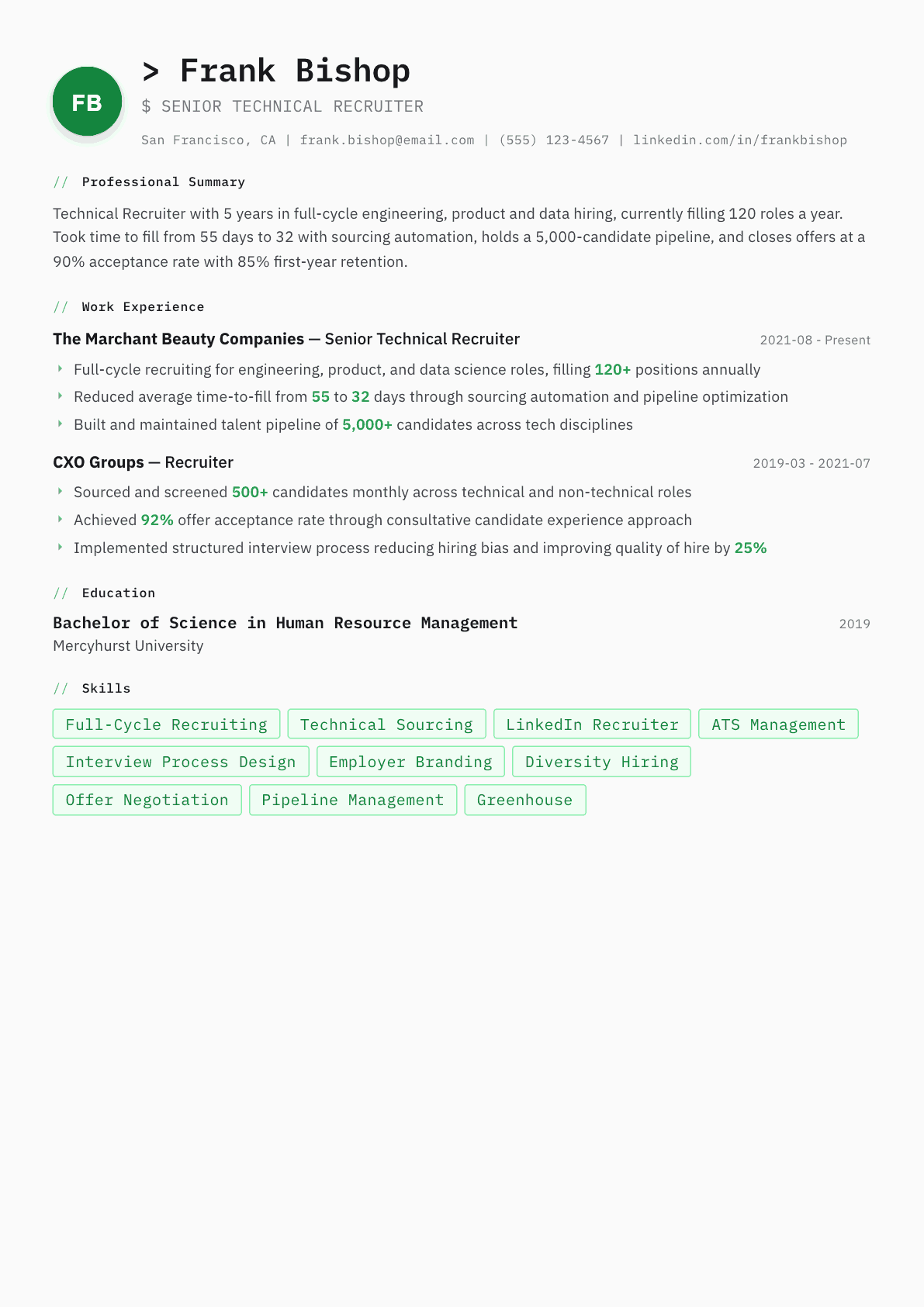 Recruiter resume example, Amsterdam template