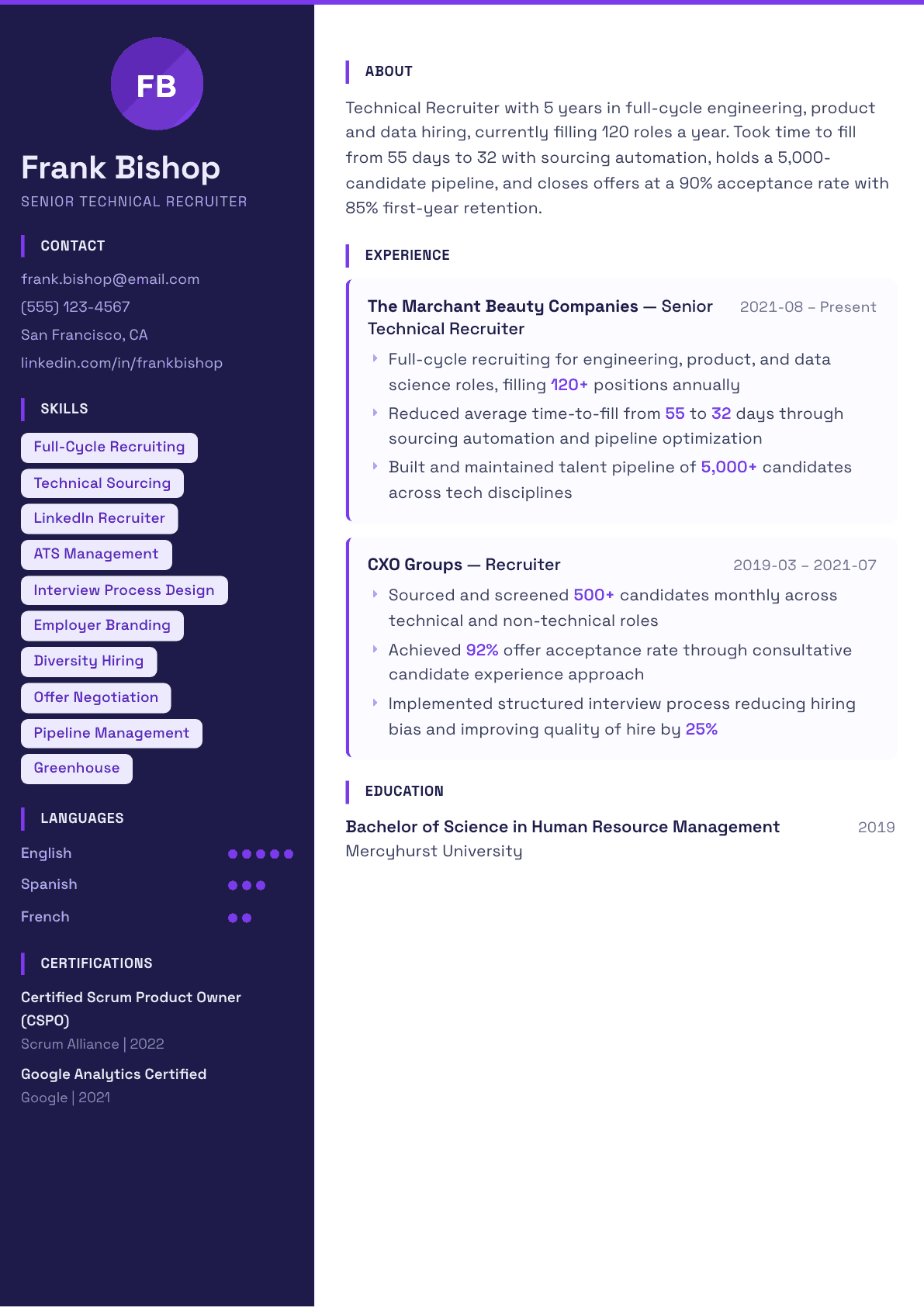 Recruiter resume example, Solstice template