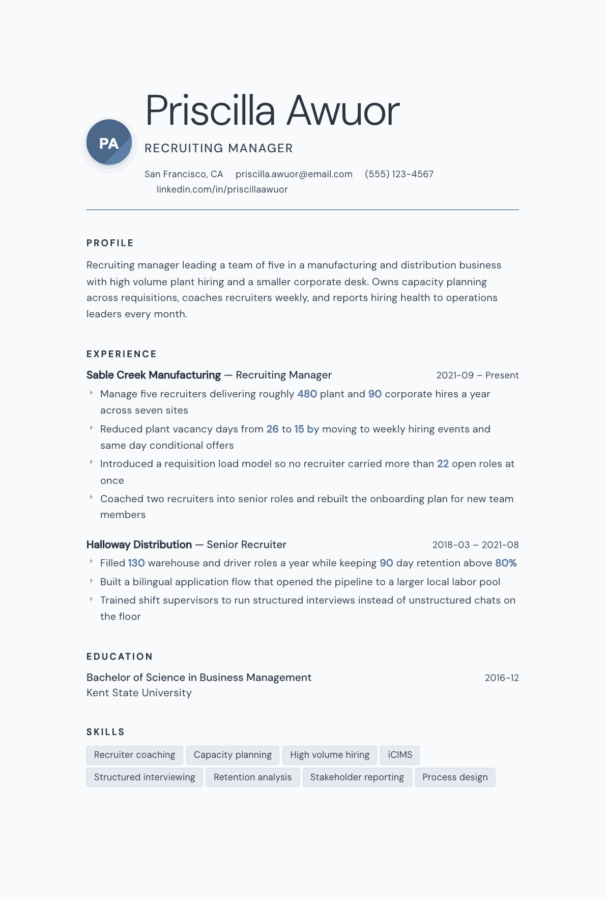 Recruiting Manager resume example, Nordic template