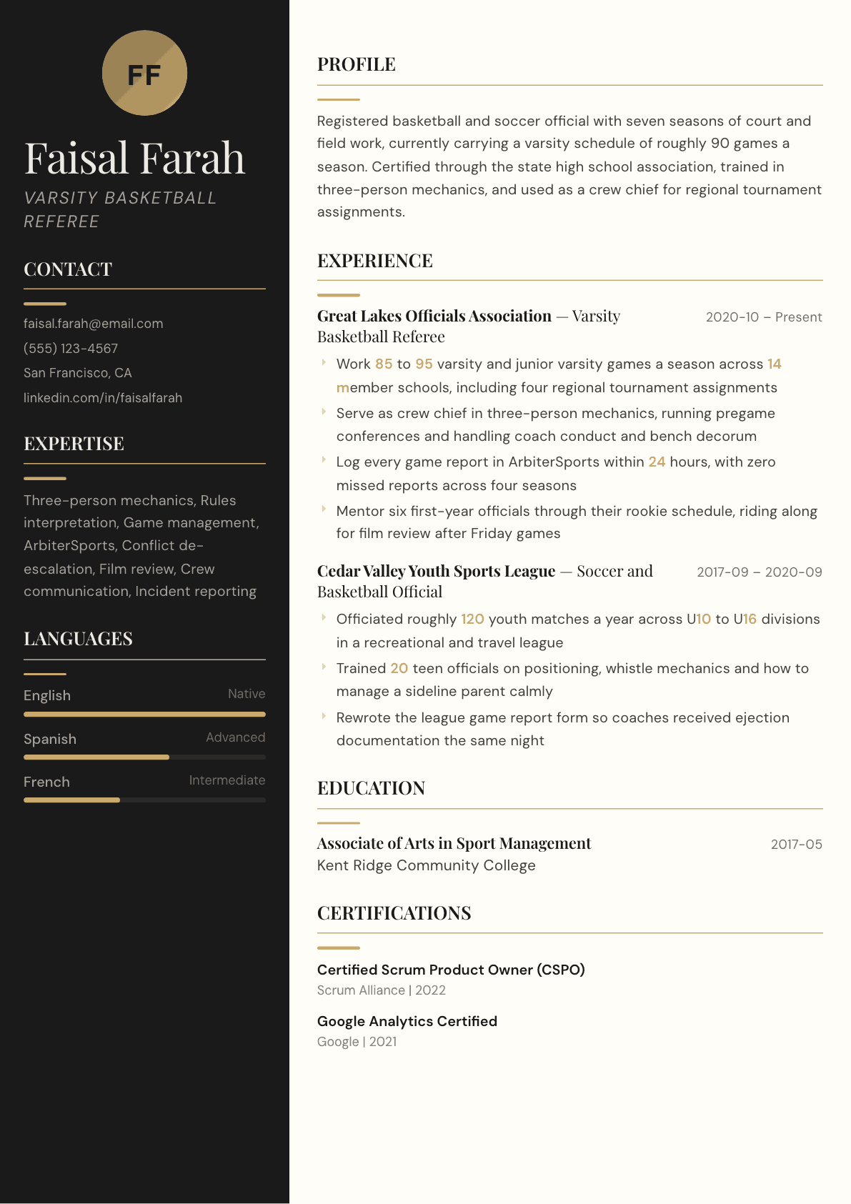 Referee resume example, Obsidian template