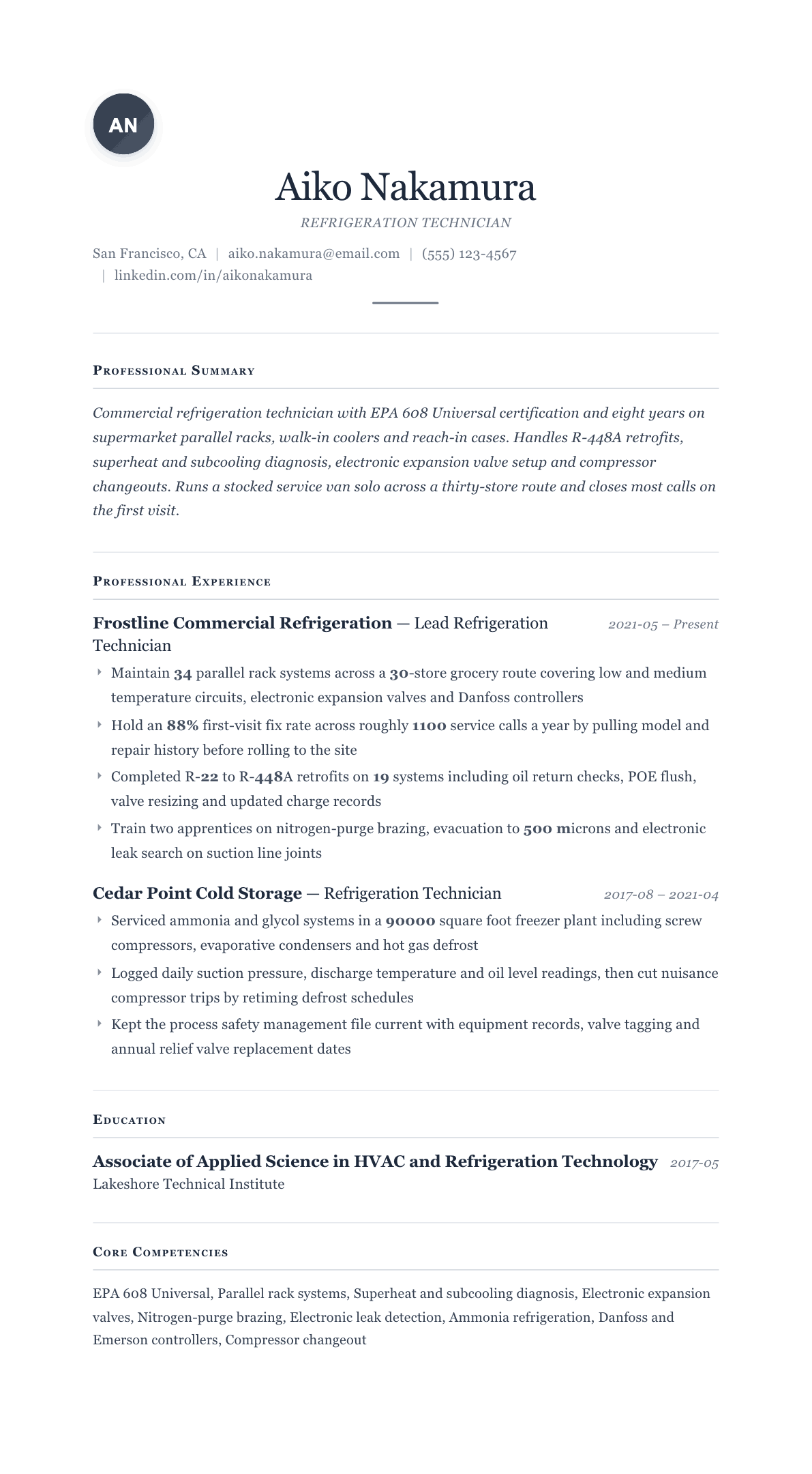 Refrigeration Technician resume example, Cornerstone template