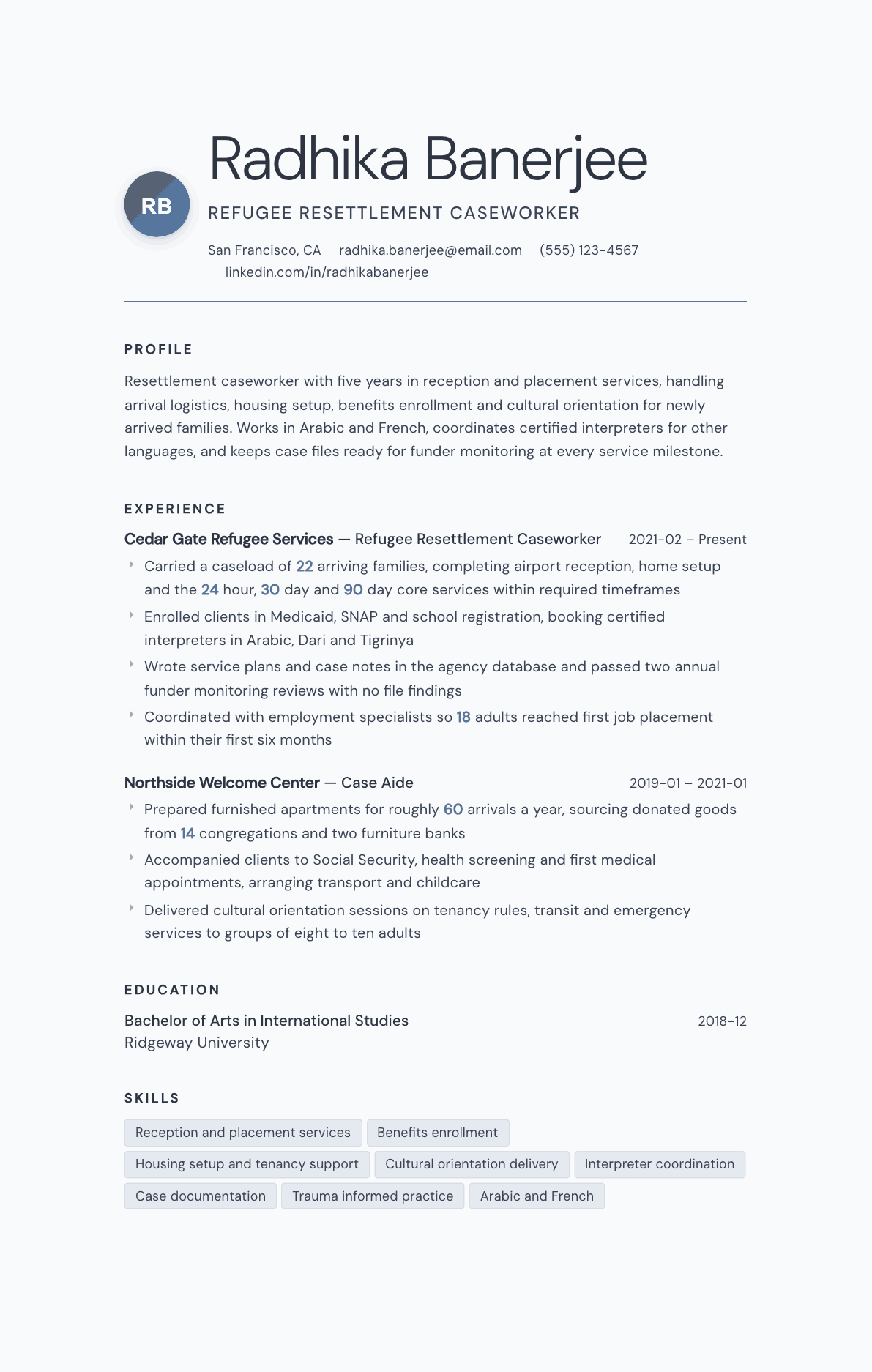 Refugee Resettlement Caseworker resume example, Nordic template