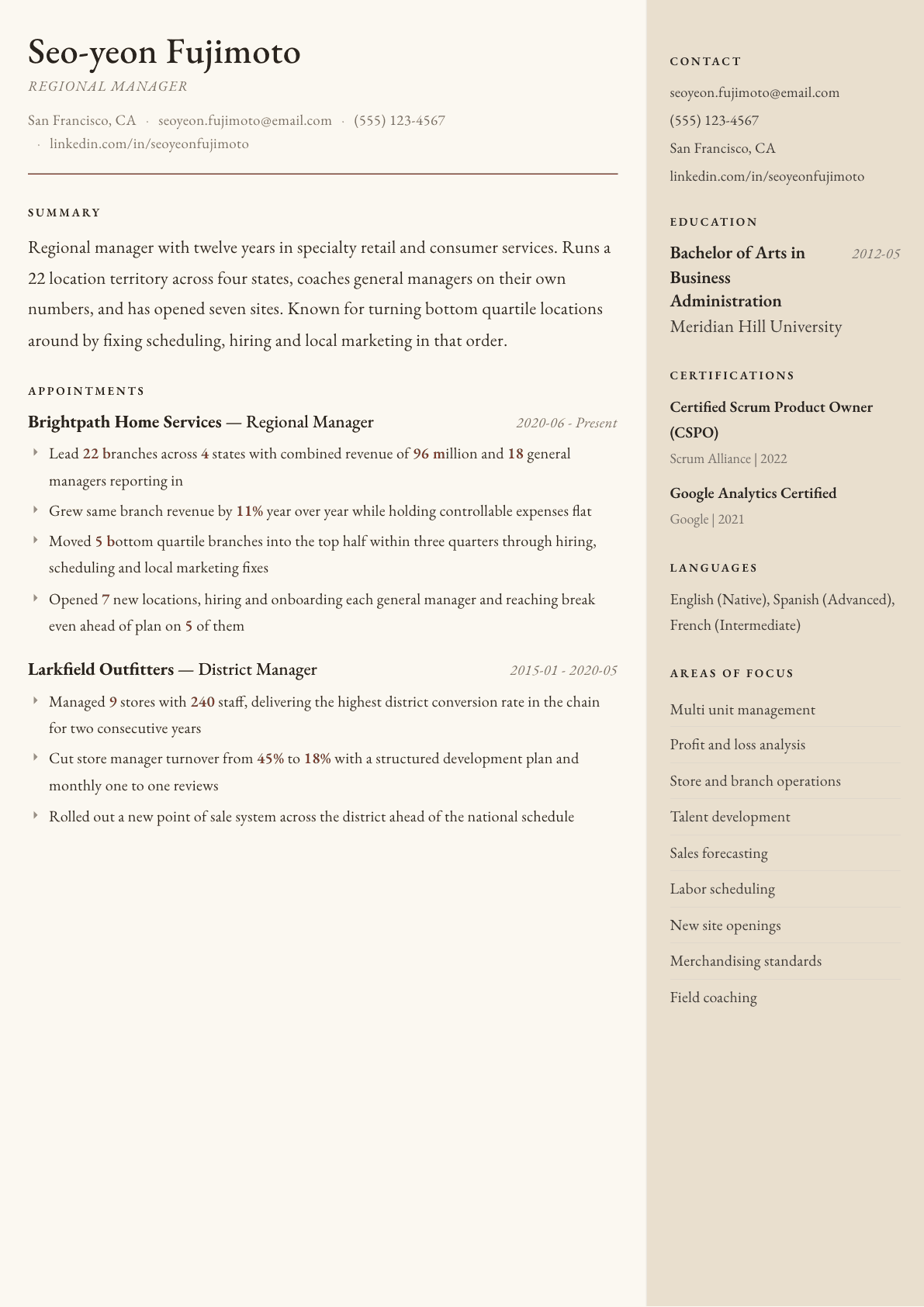 Regional Manager resume example, Manuscript template