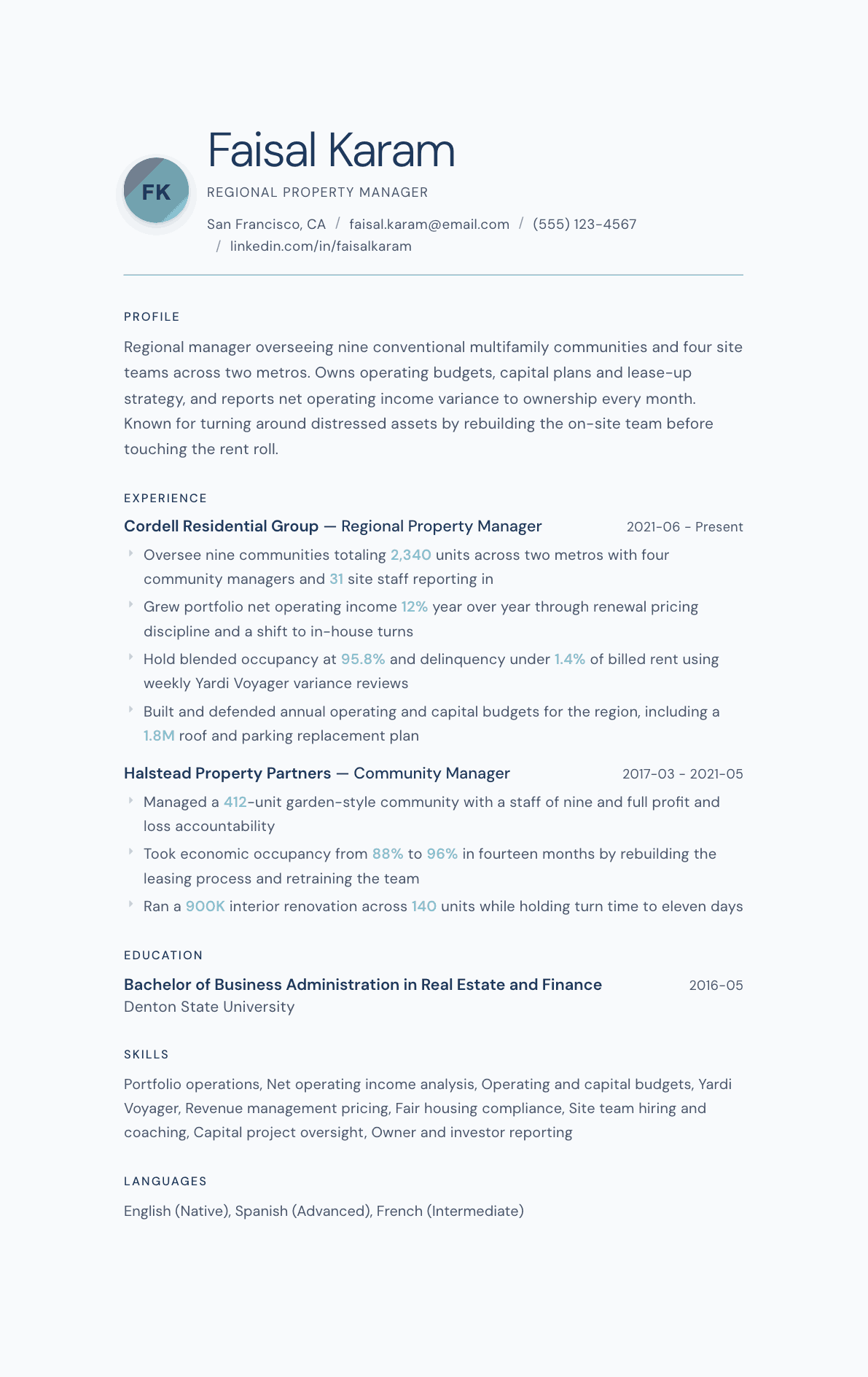 Regional Property Manager resume example, Nordic Frost template