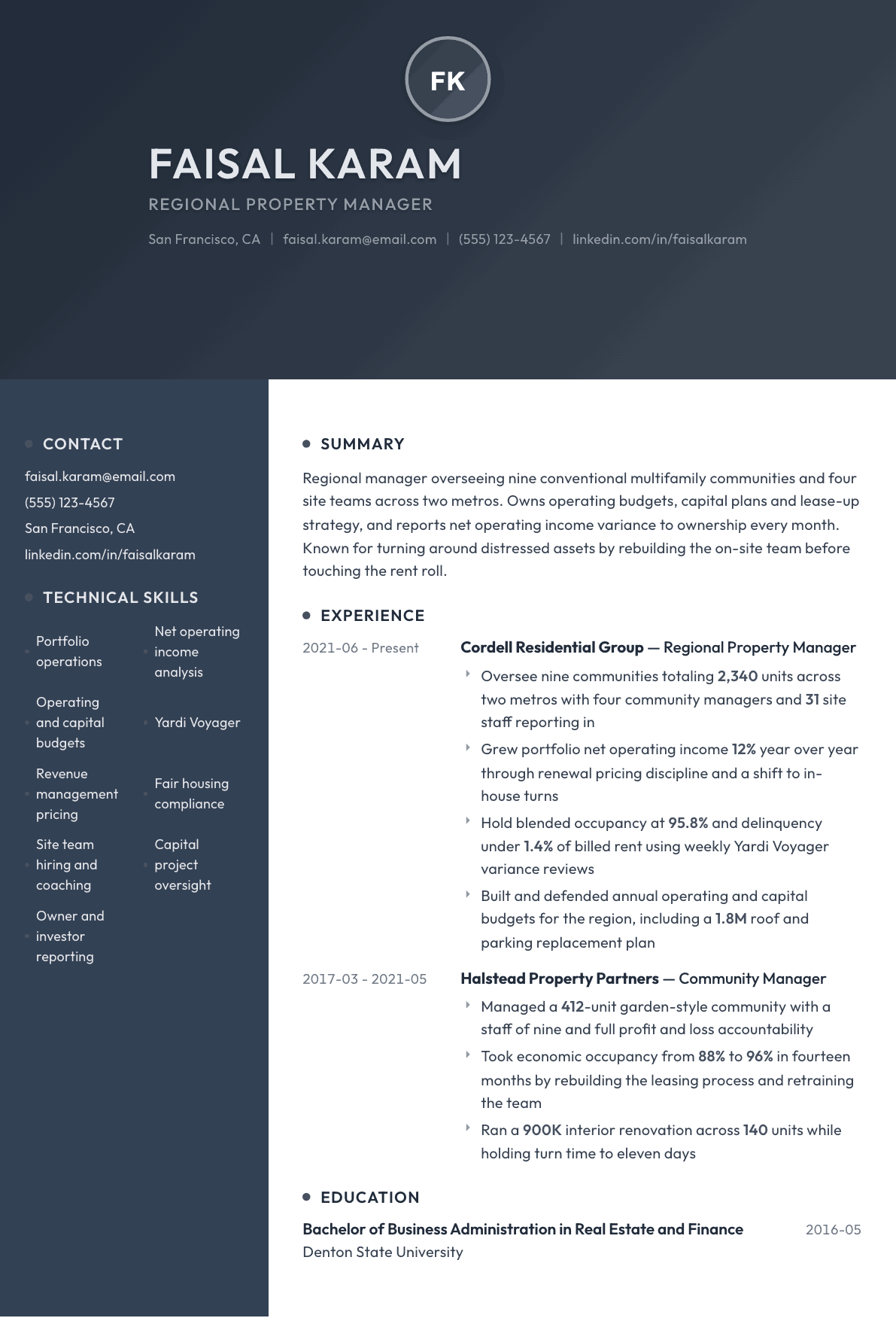 Regional Property Manager resume example, Binary template