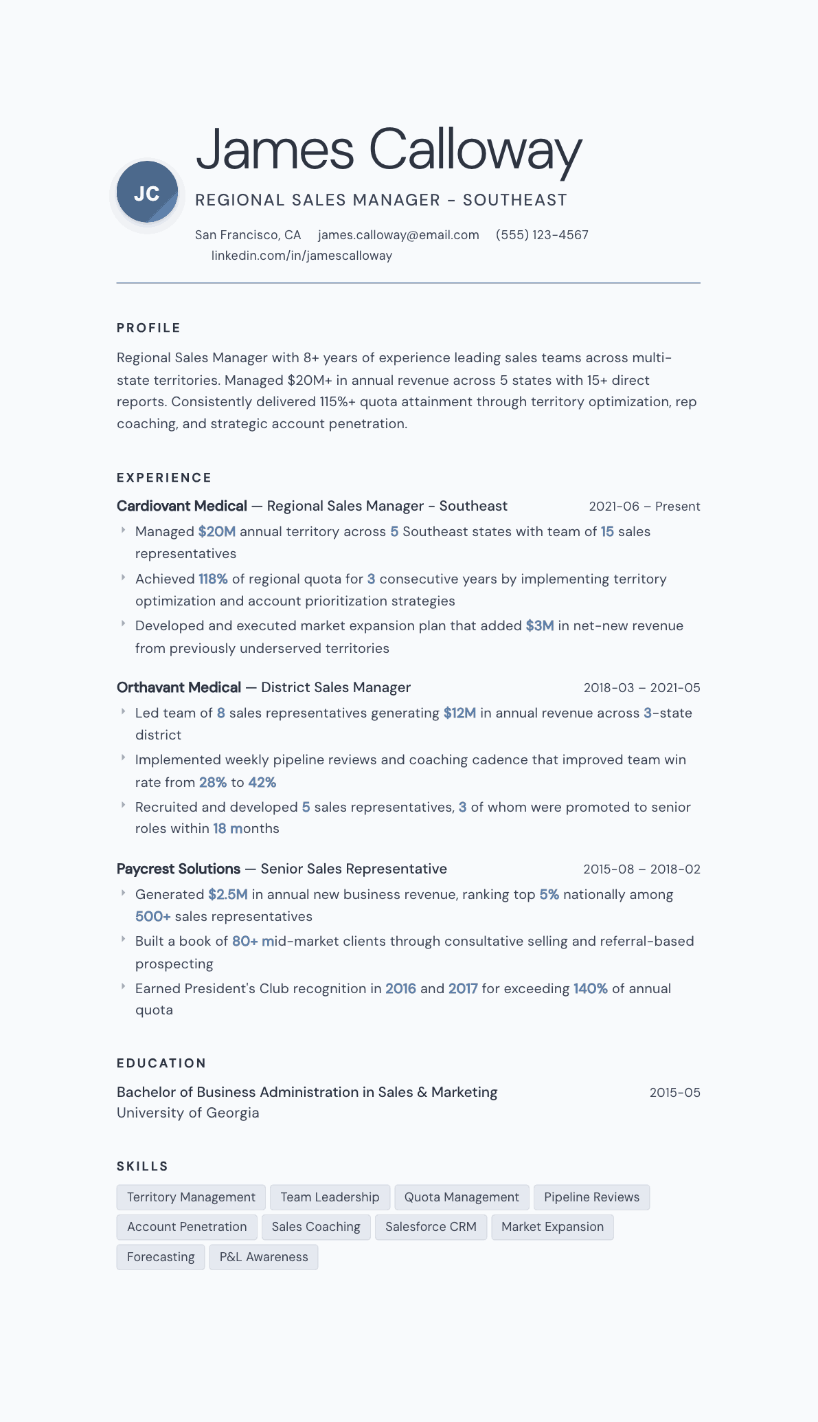 Regional Sales Manager resume example, Nordic template