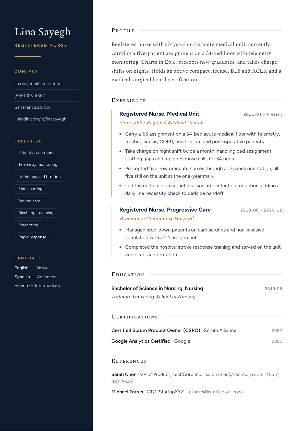 Registered Nurse resume example, Nocturne template