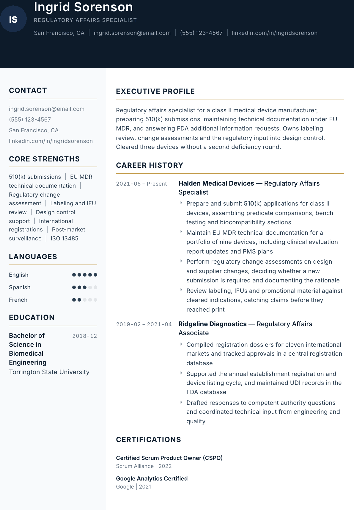 Regulatory Affairs Specialist resume example, Consulate template