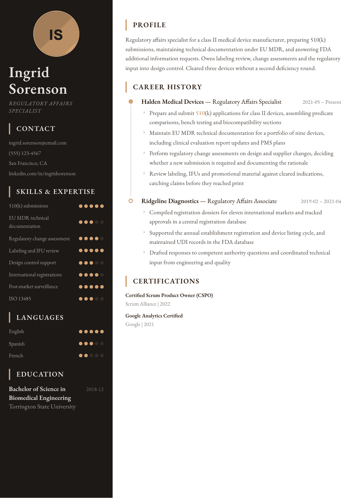 Regulatory Affairs Specialist resume example, Heritage template