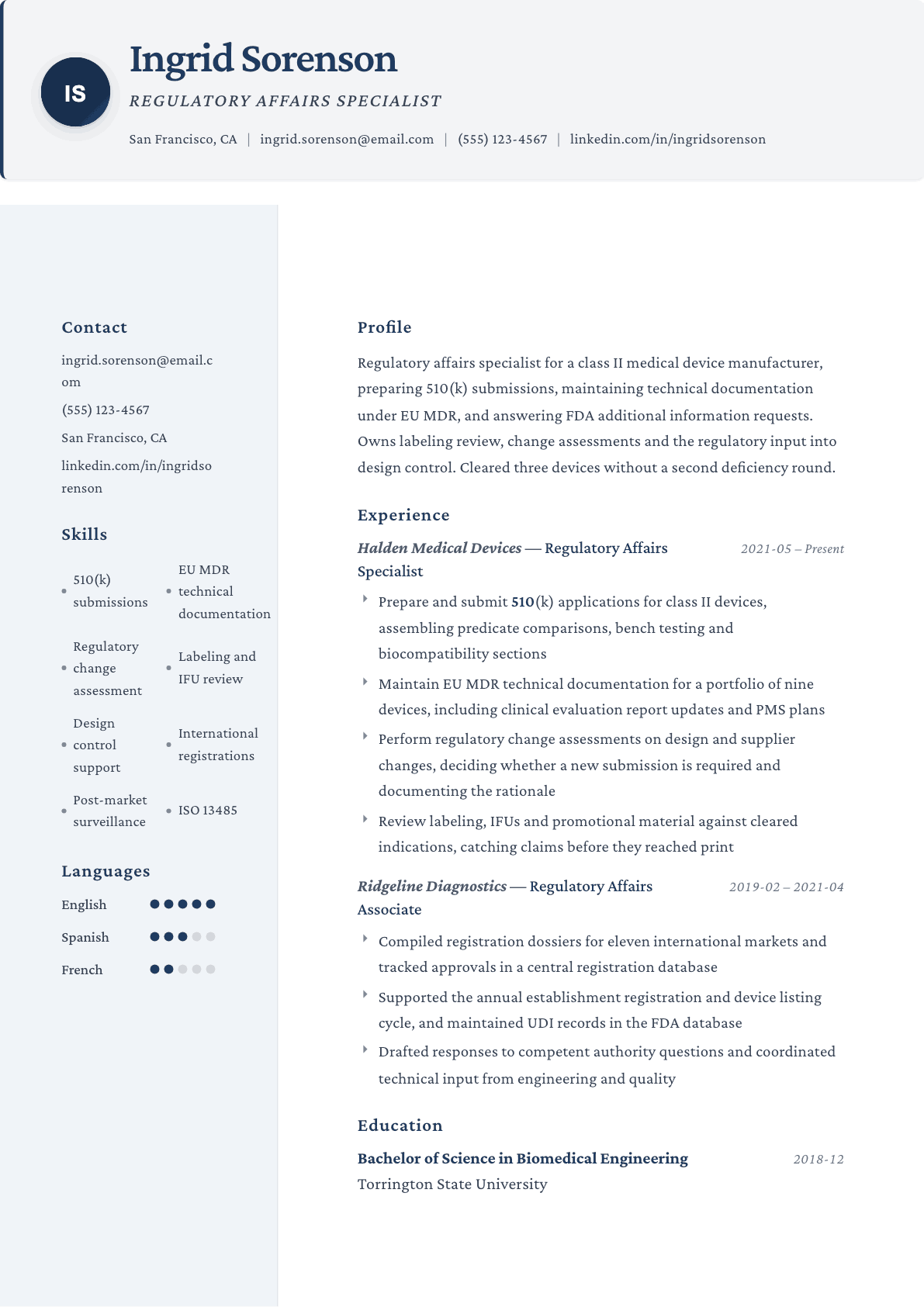Regulatory Affairs Specialist resume example, Formal template