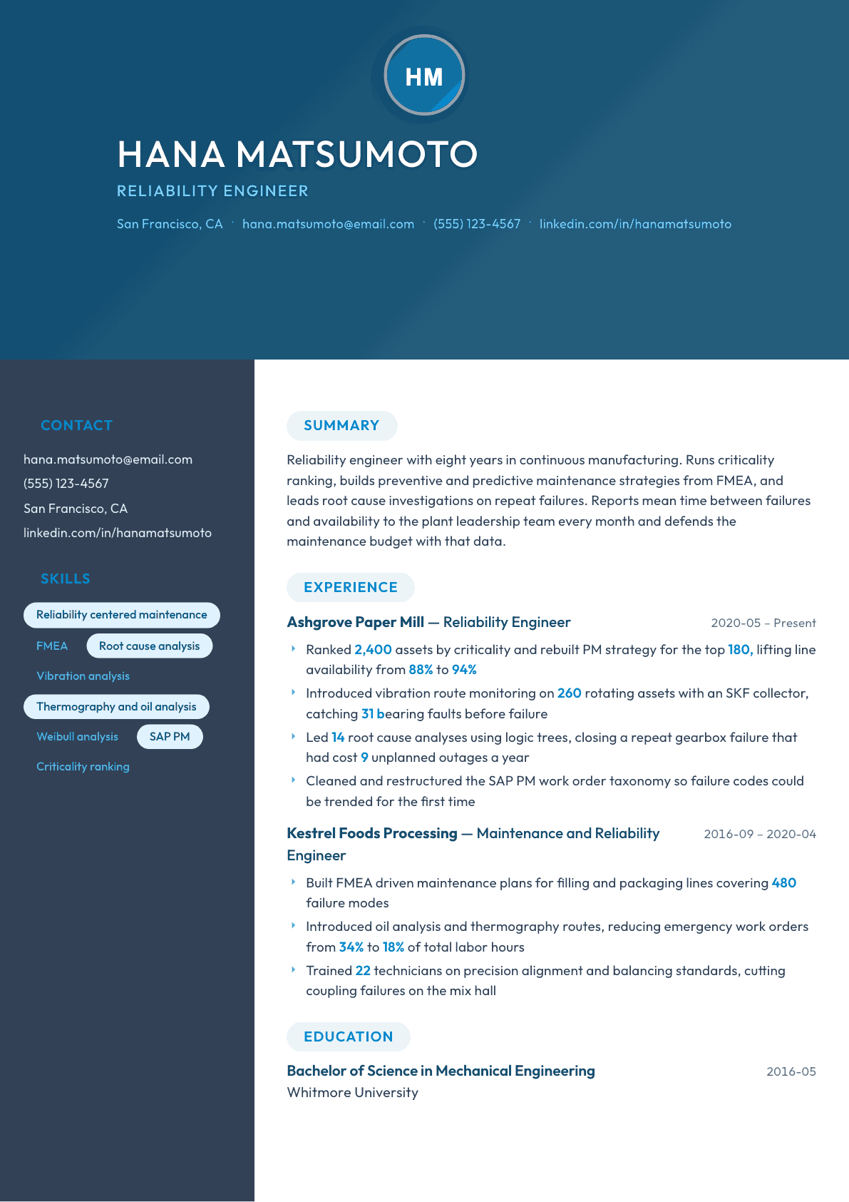 Reliability Engineer resume example, Nexus template