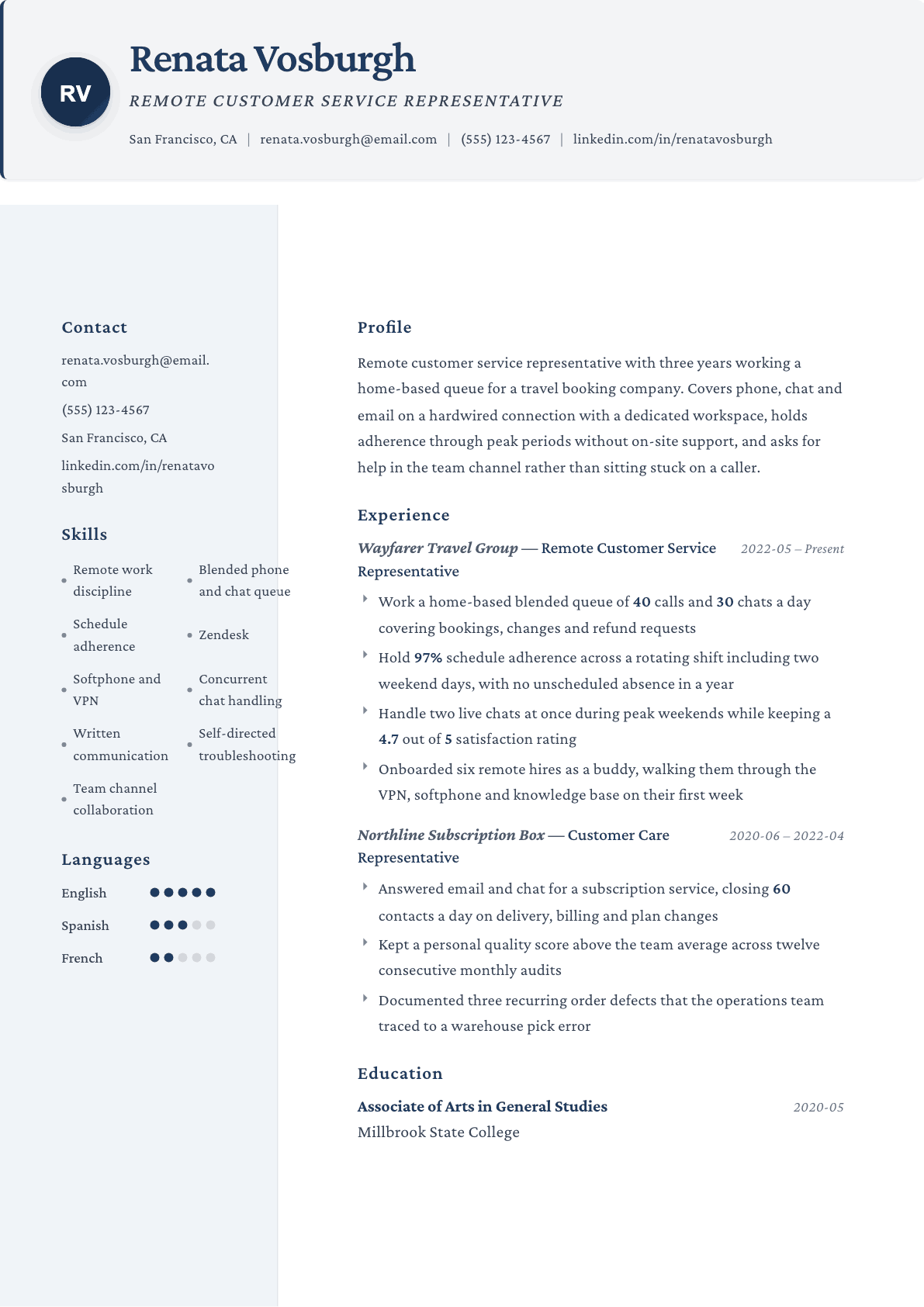 Remote Customer Service Representative resume example, Formal template