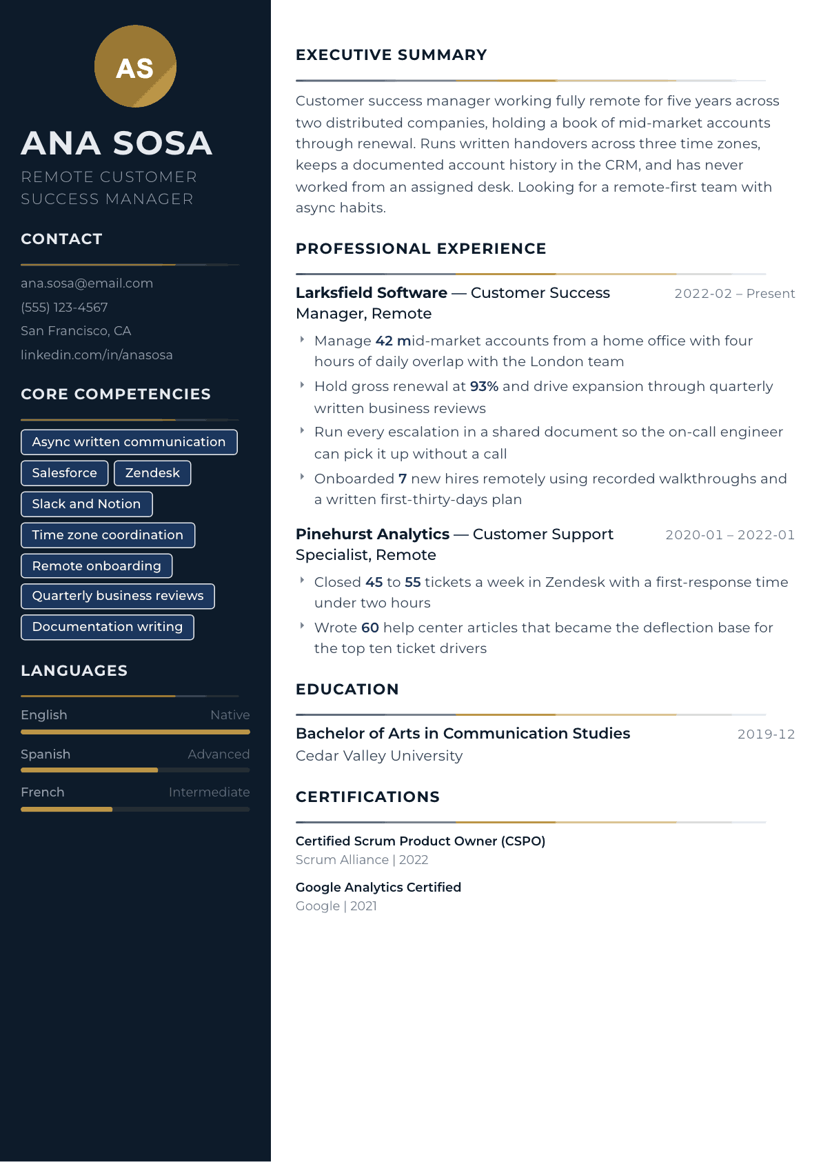Remote Worker resume example, Catalyst template