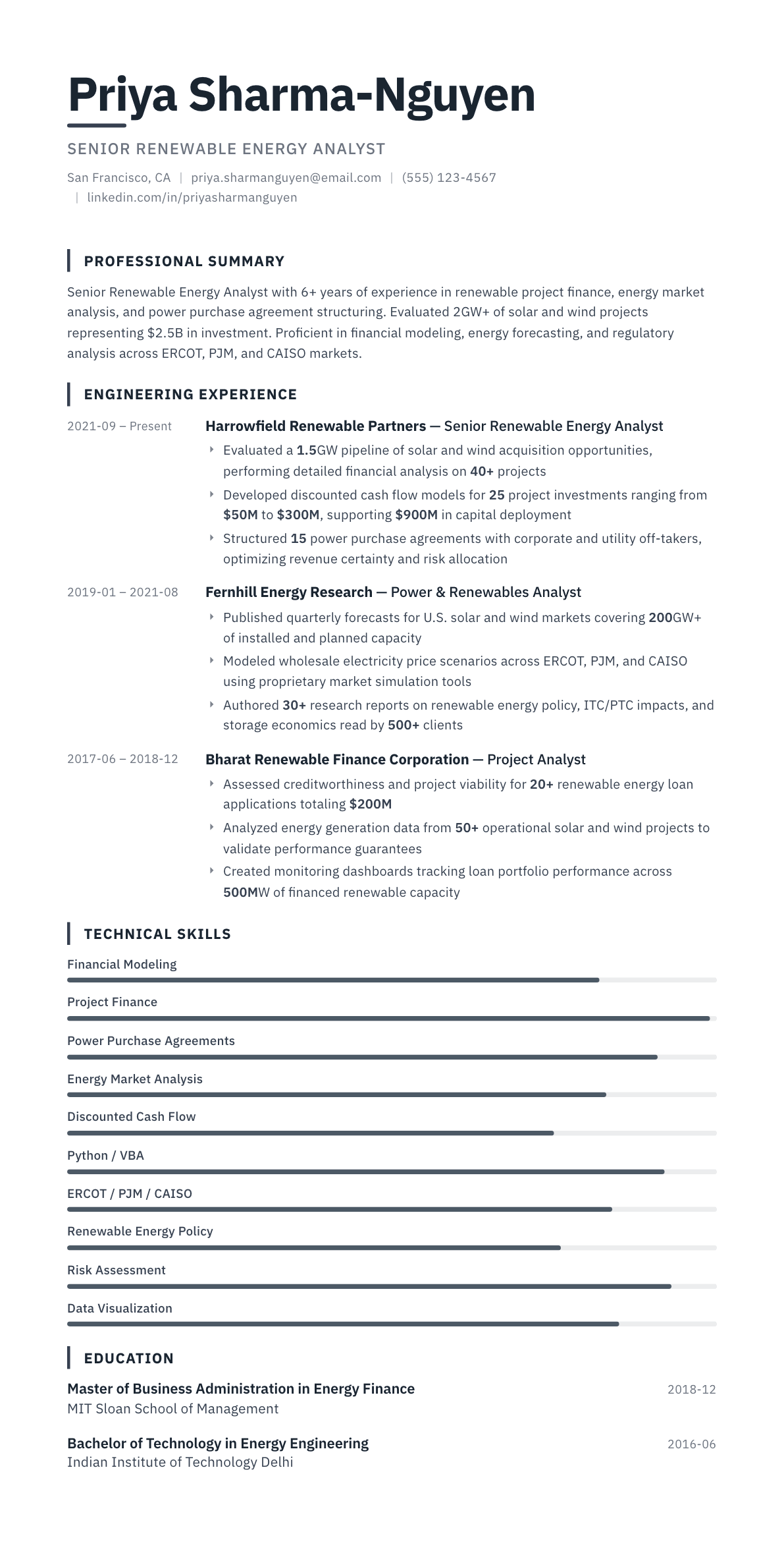 Renewable Energy Analyst resume example, Blueprint template