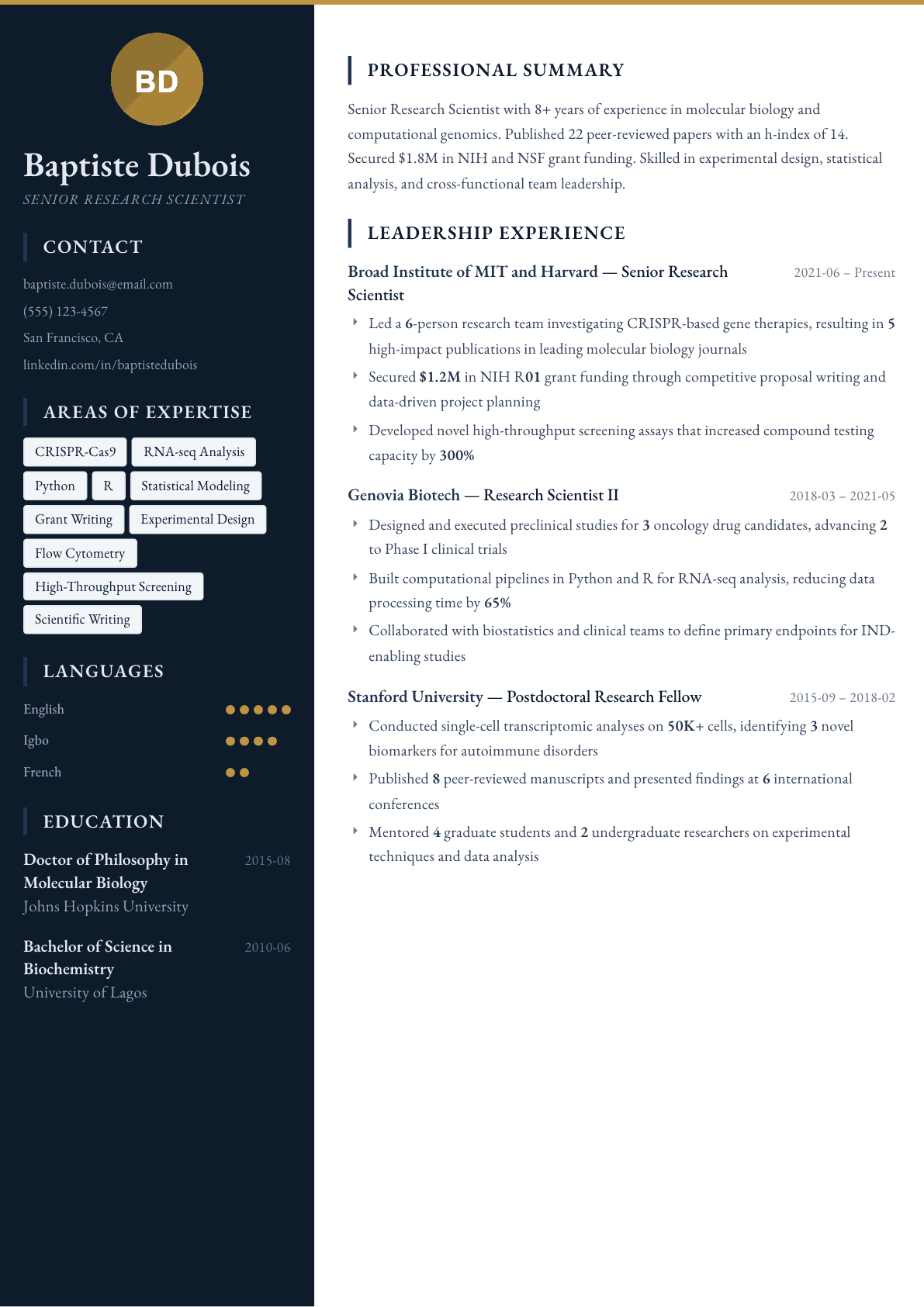 Research Scientist resume example, Presidio template