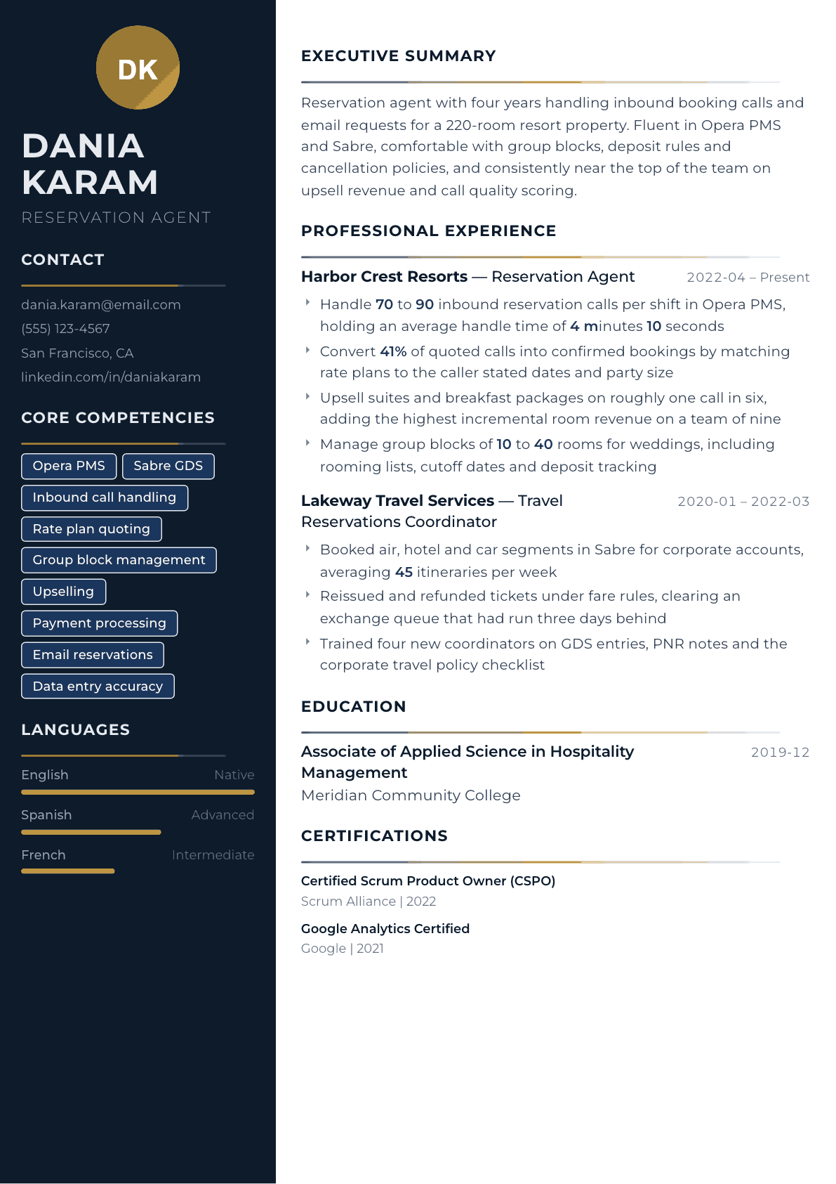 Reservation Agent resume example, Catalyst template