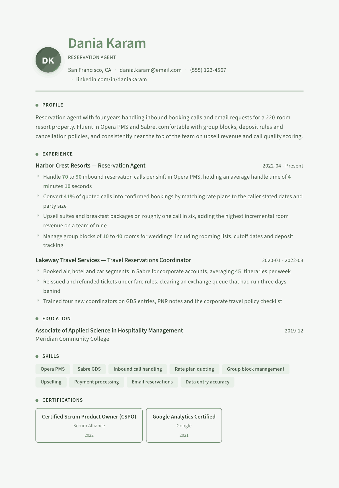 Reservation Agent resume example, Sage Garden template