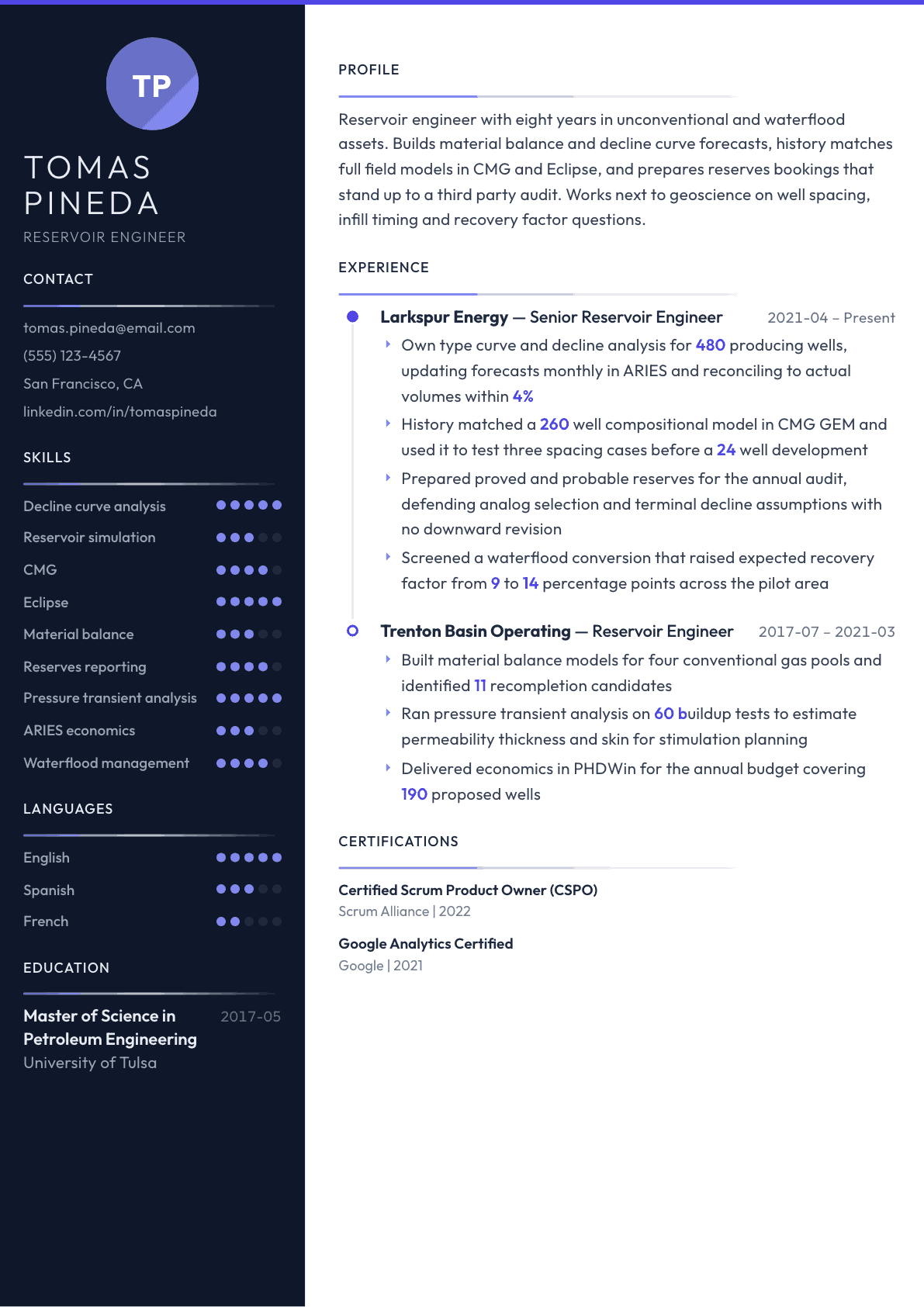 Reservoir Engineer resume example, Zenith template
