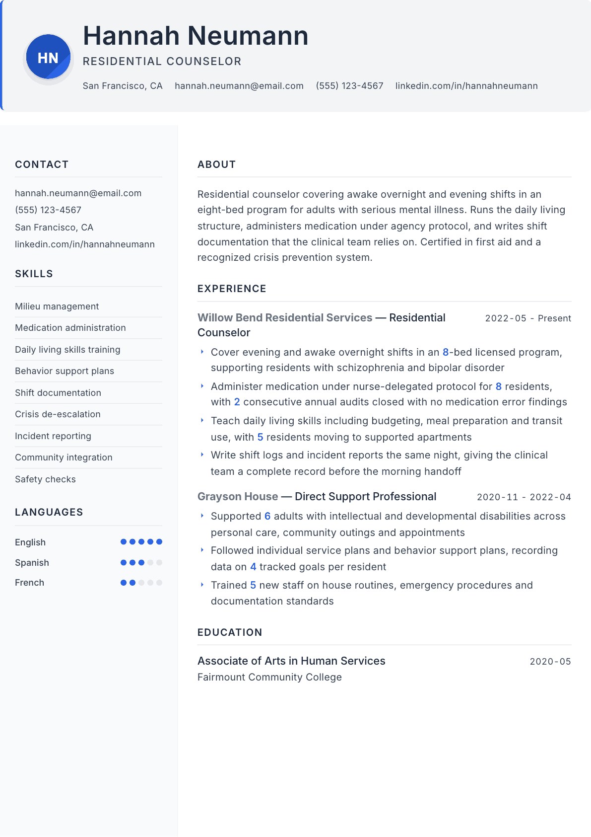 Residential Counselor resume example, Paper template