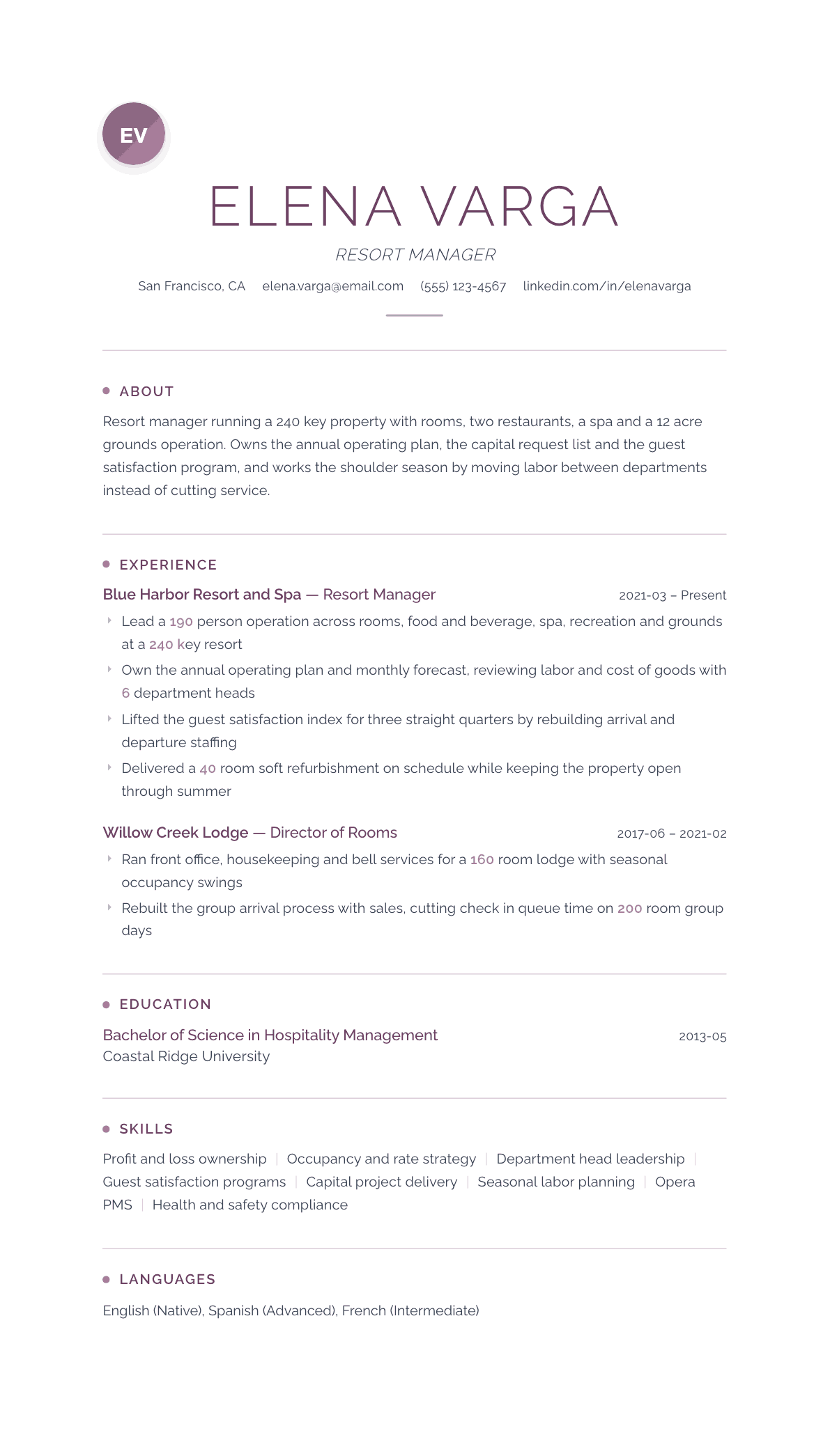 Resort Manager resume example, Serenity template
