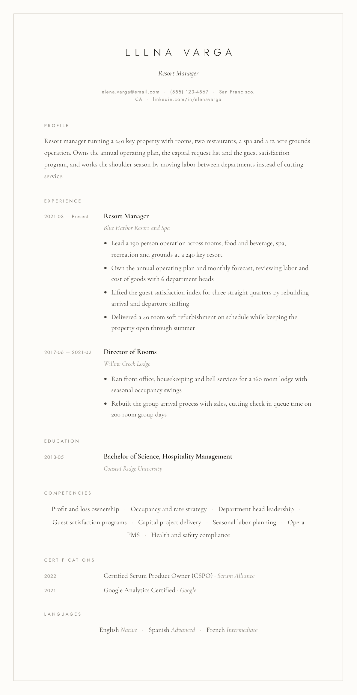 Resort Manager resume example, Vellum template