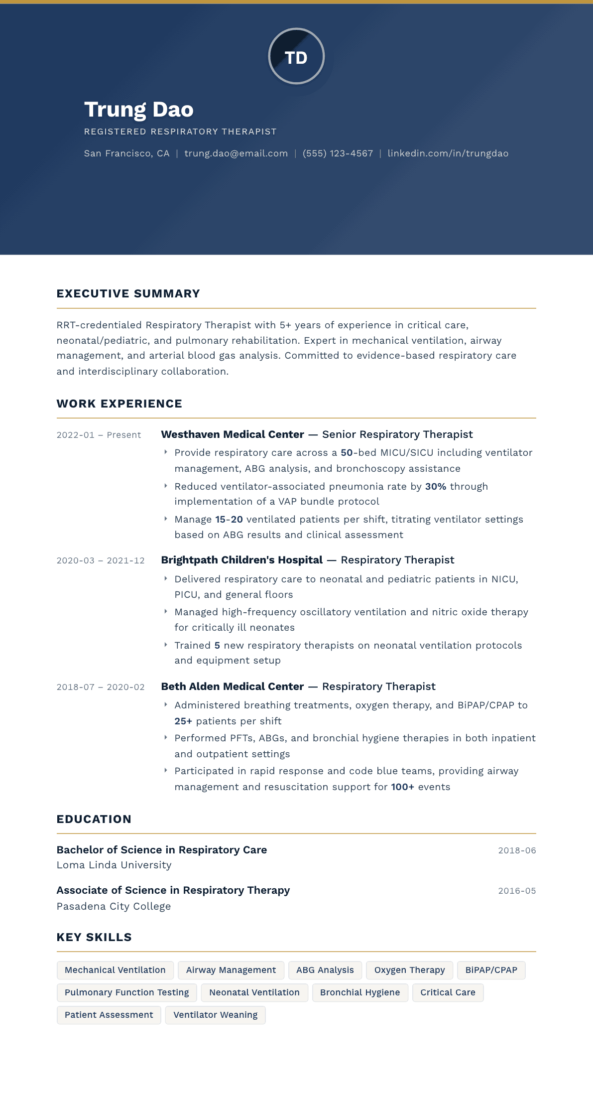 Respiratory Therapist resume example, Sovereign template