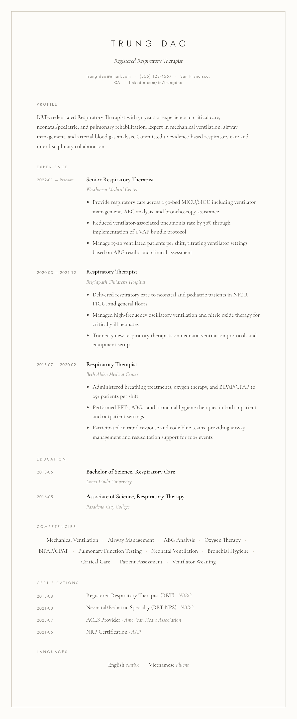 Respiratory Therapist resume example, Vellum template