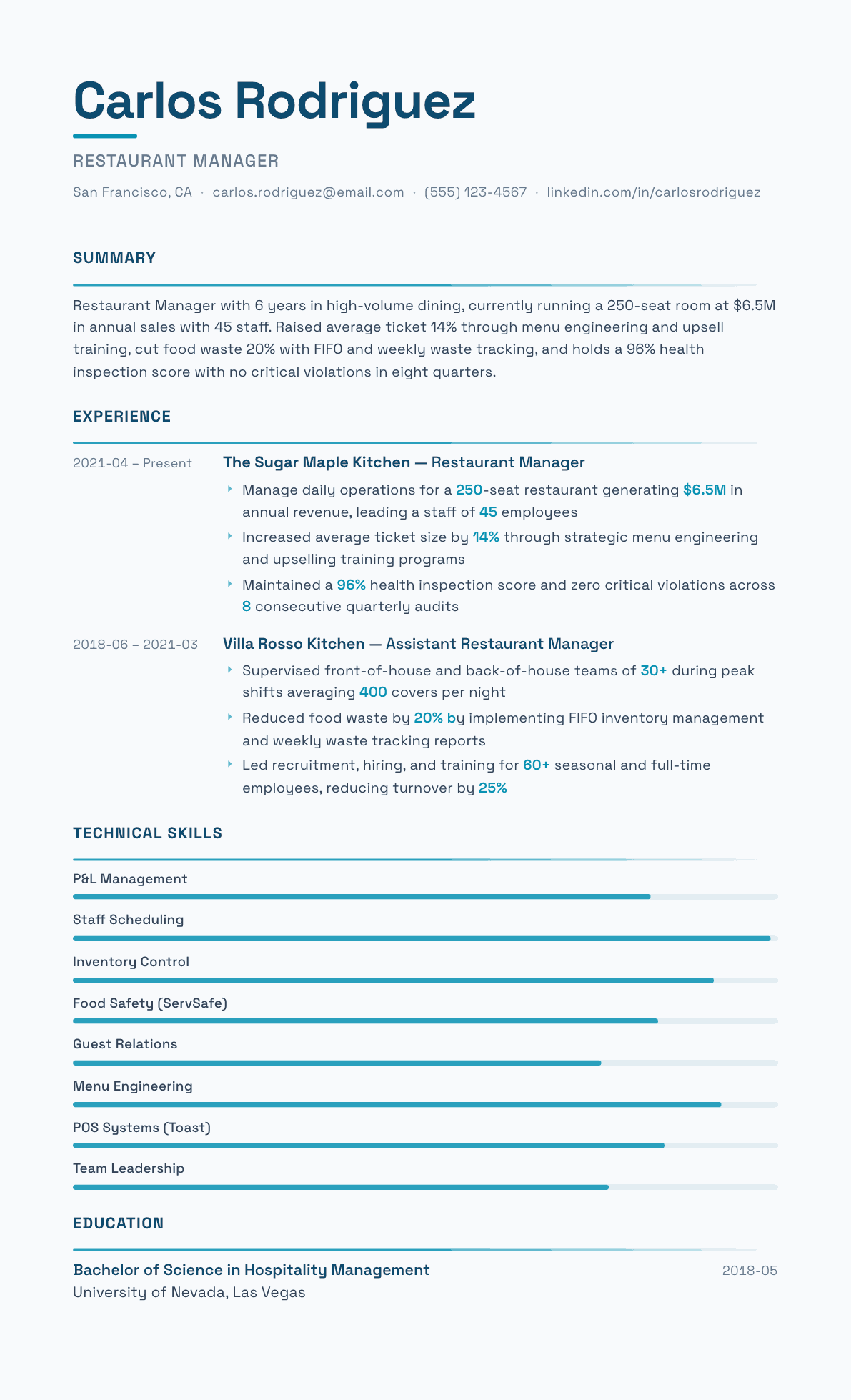 Restaurant Manager resume example, Velocity template
