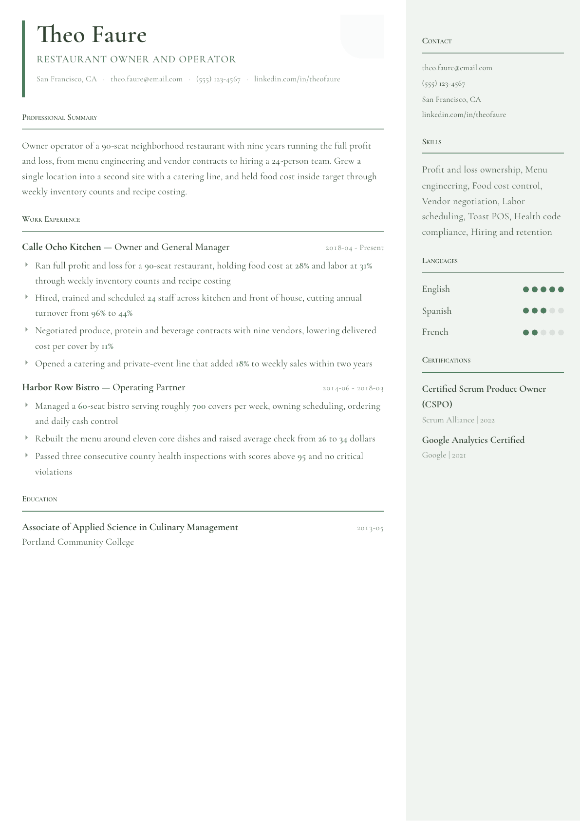 Restaurant Owner resume example, Copenhagen template