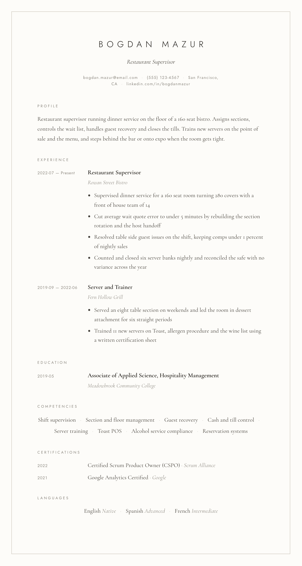 Restaurant Supervisor resume example, Vellum template