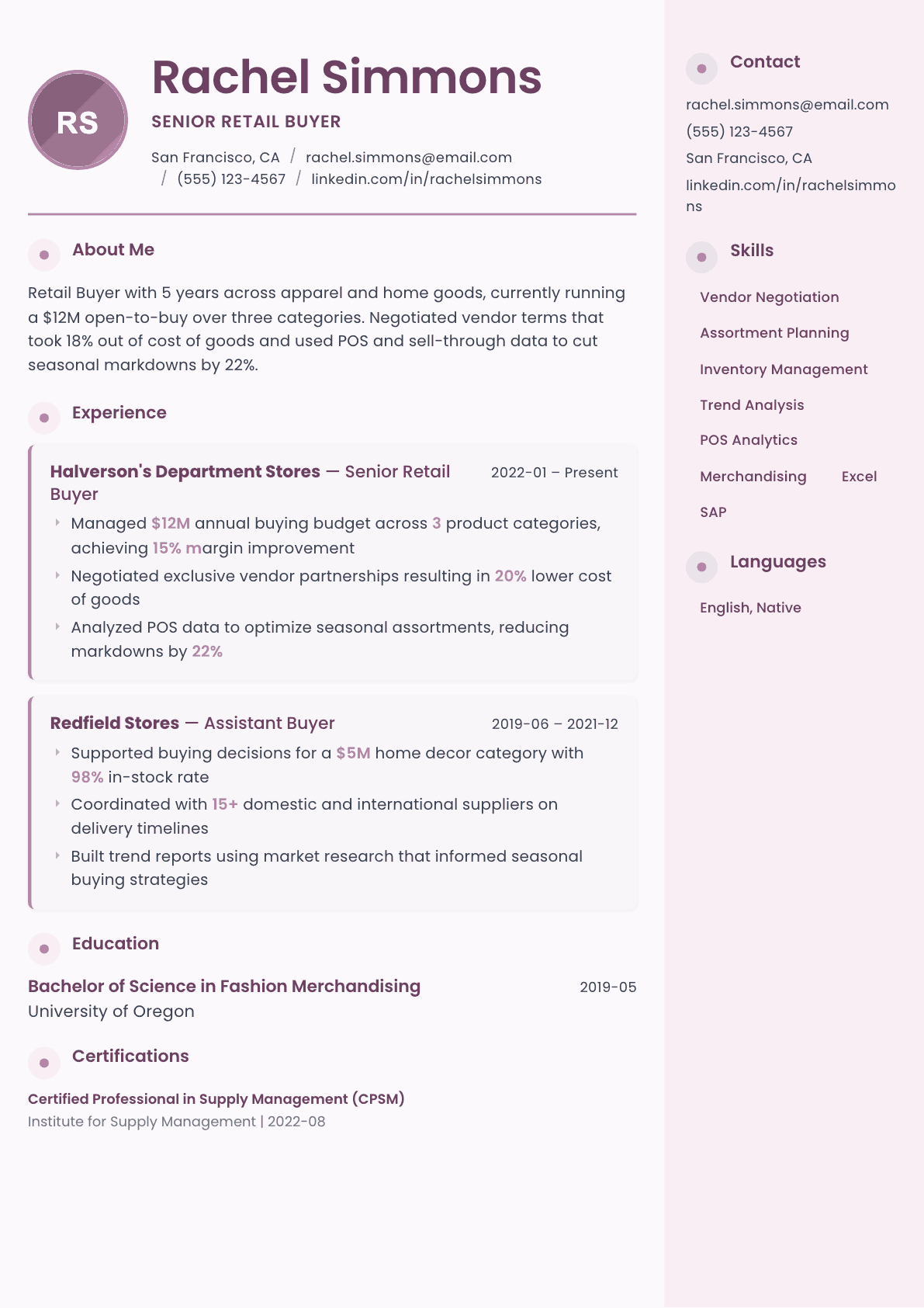 Retail Buyer resume example, Bloom template